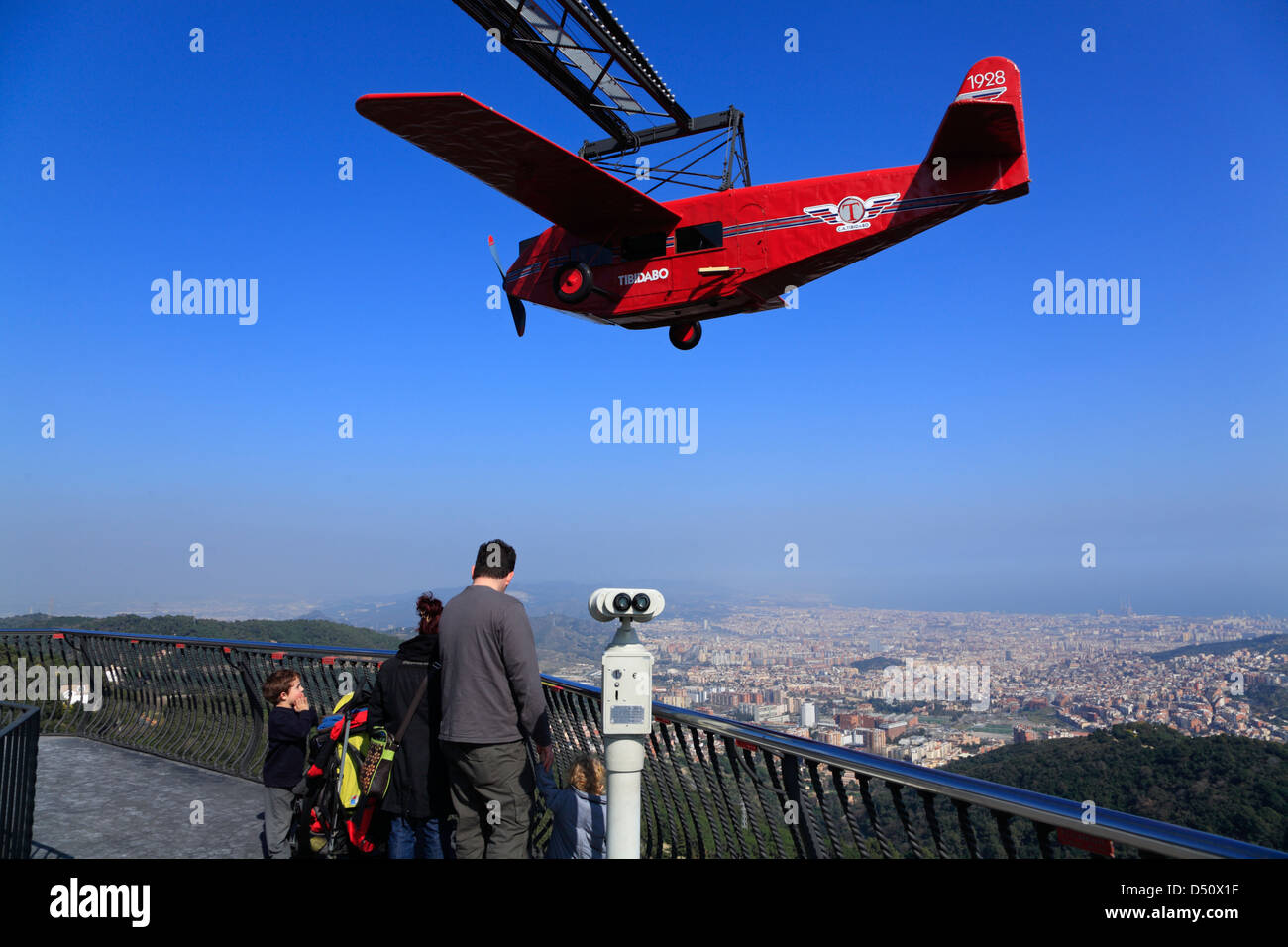 Tibidabo amusement park on mountain Tibidabo,  nostalgic red plane ride simulator Avio from 1928, Barcelona, Spain Stock Photo