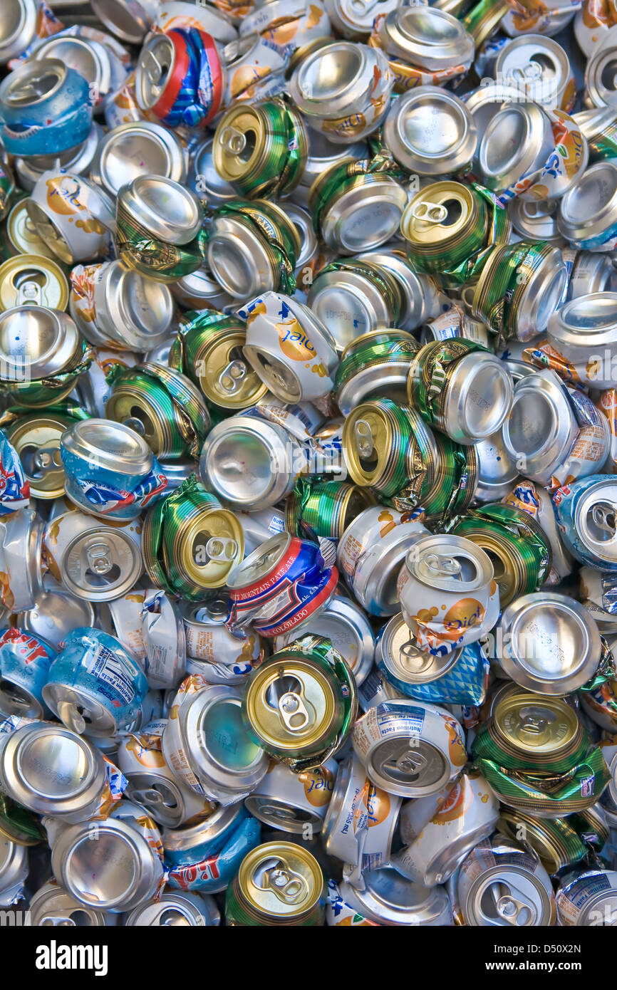 Individually crushed aluminum cans for recycling. Crushed cans take up