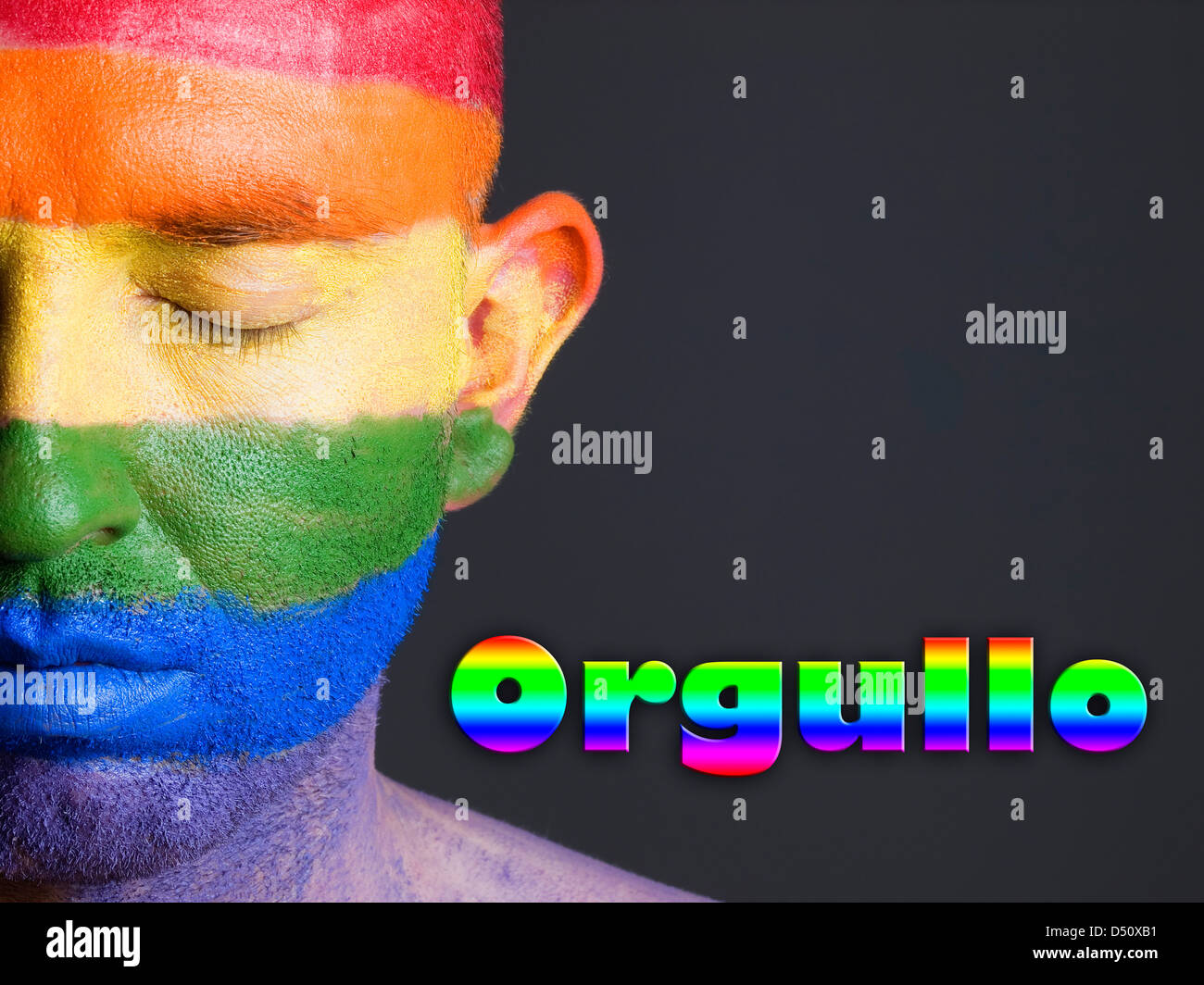Hombre con la bandera gay pintada en la cara y con los ojos cerrados. La palabra orgullo esta escrita en un lado. Stock Photo