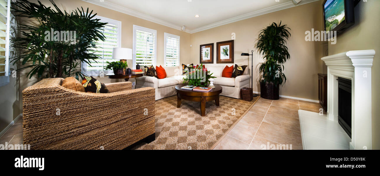 Armchair and sofa in contemporary living room, Azusa, California, USA Stock Photo