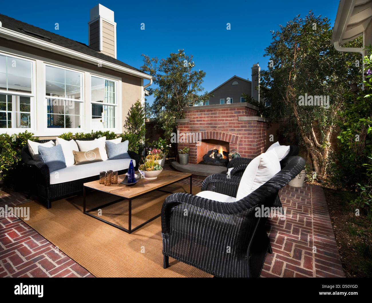 Back patio with fireplace;Tustin;California;USA Stock Photo Alamy