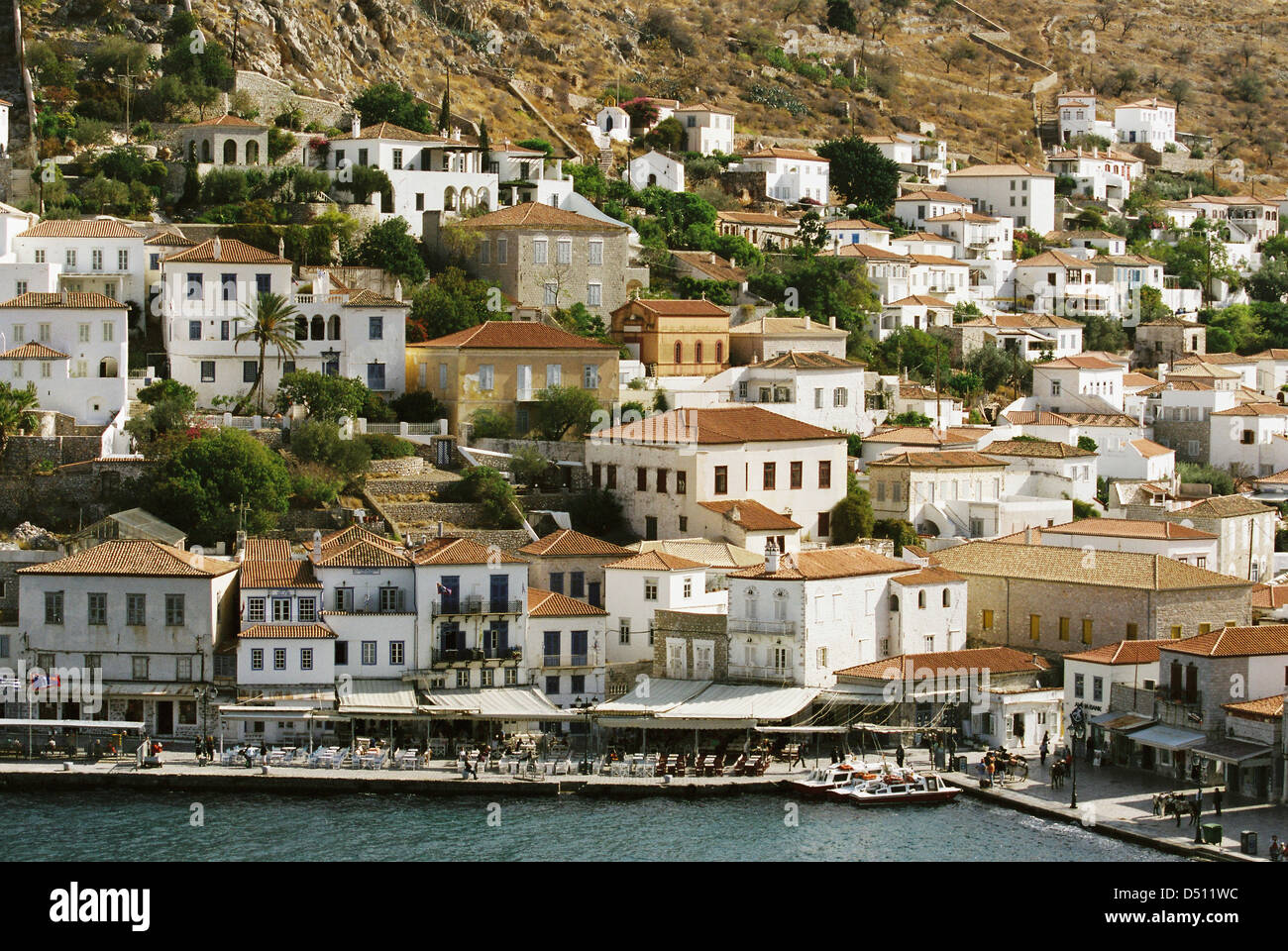 A high angle view of part of Hydra town on the mountainous island of the same name, in the Aegean sea. Stock Photo