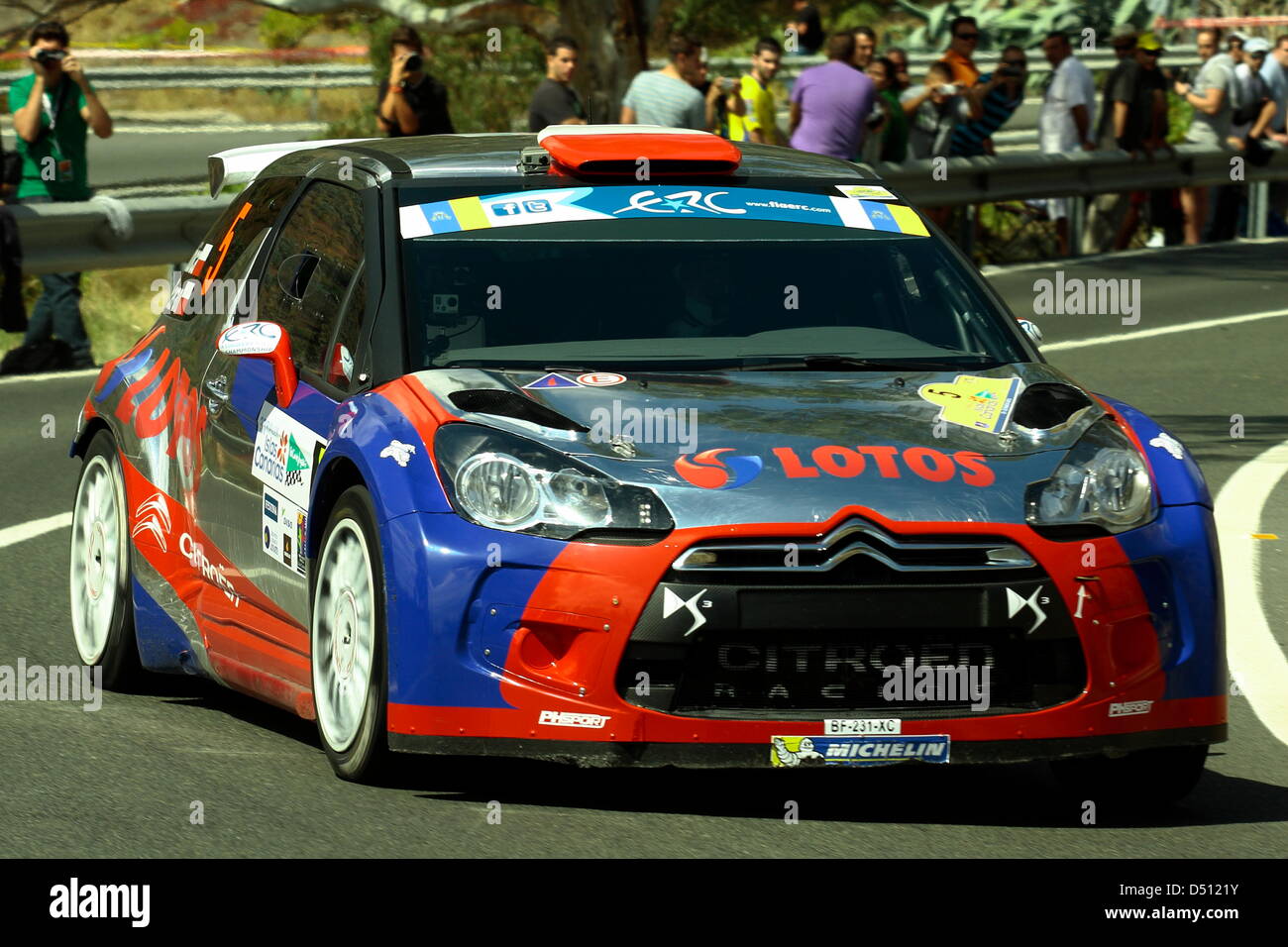 Robert Kubica and Maciek Baran competing in the Rally Islas Canarias 2013, driving a Citroen DS3 RRC. Stock Photo