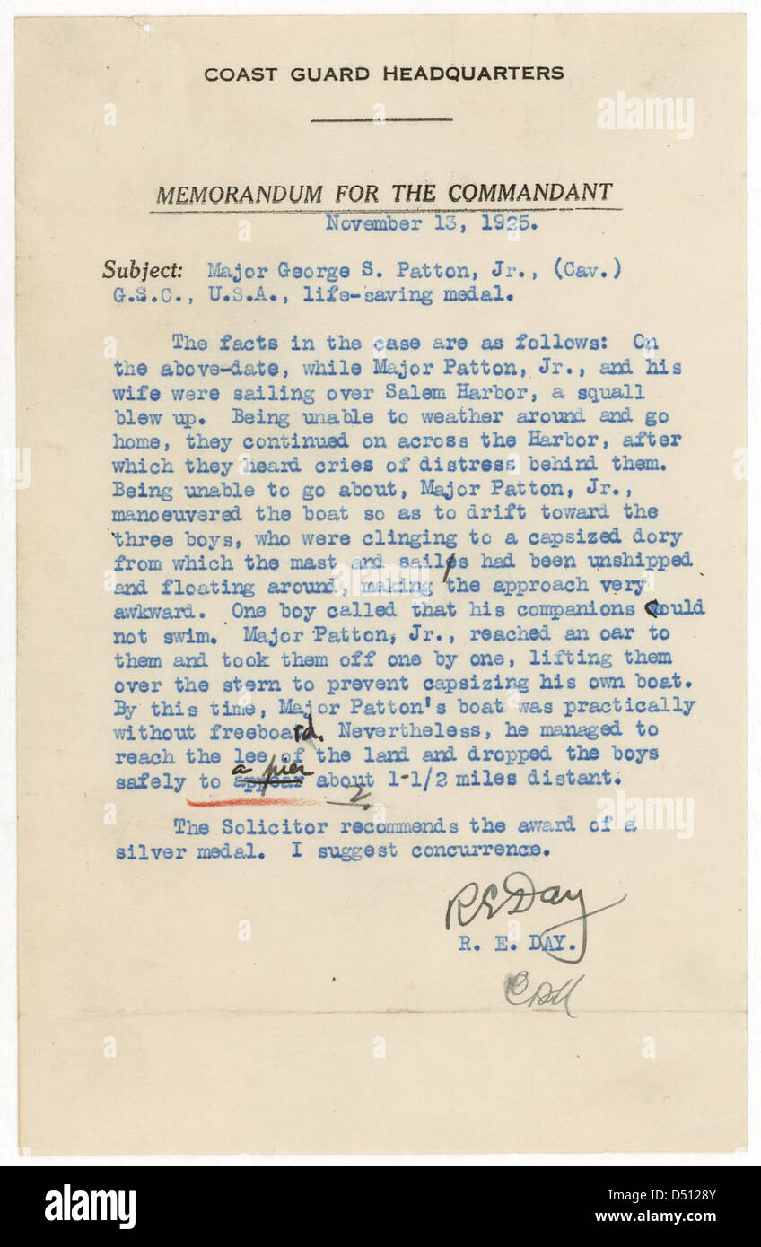 A document showing the recommendation of George S. Patton for the ...
