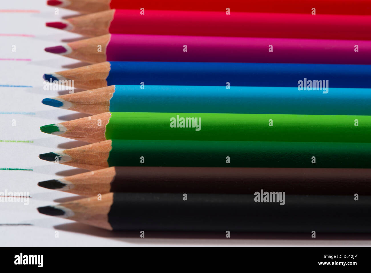 Close-up detail of sharp colourful pencil crayons laid side by side on  white paper background by lines drawn in each colour - Yorkshire, England,  UK Stock Photo - Alamy