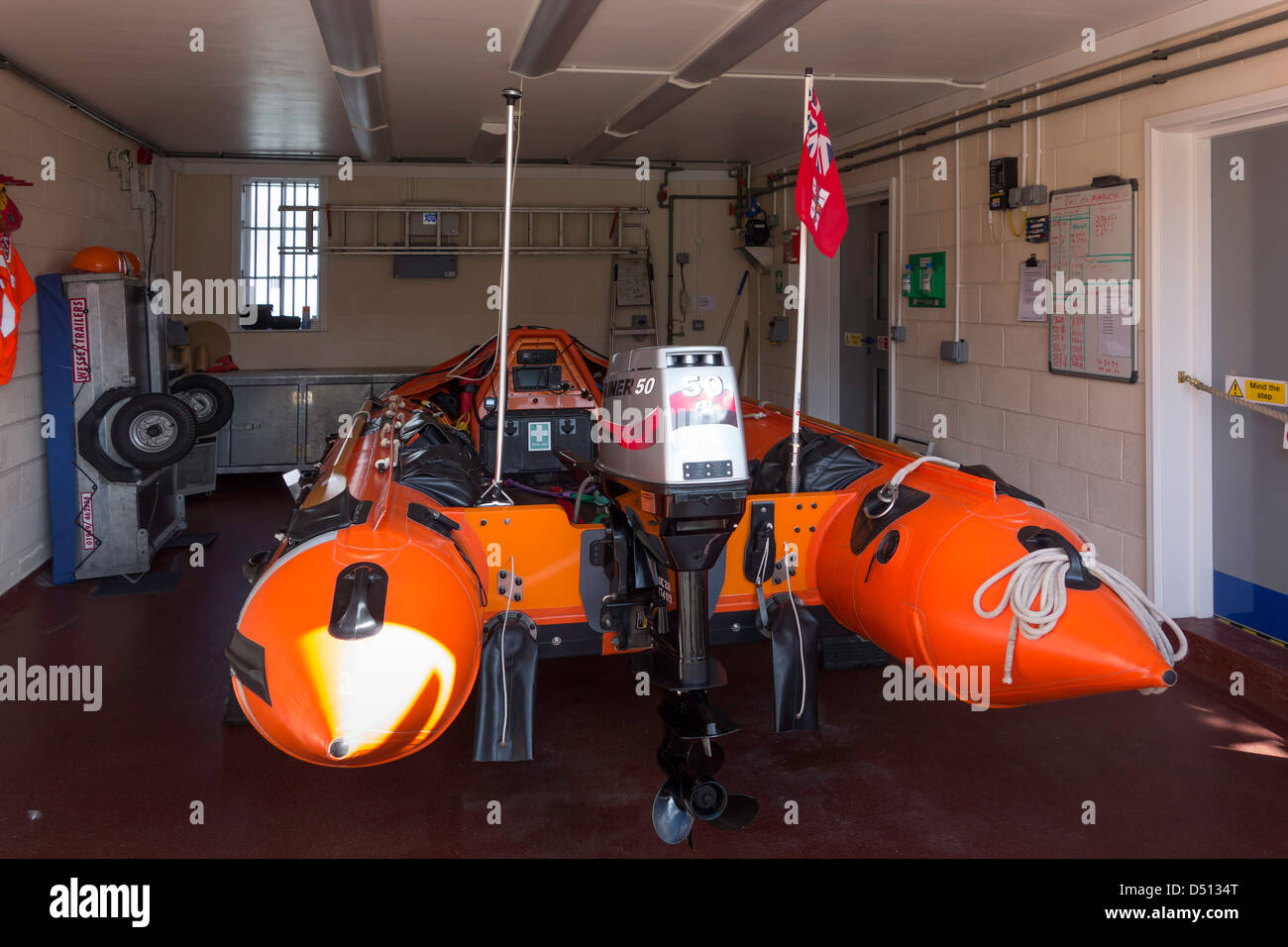 Whitby Lifeboat Station opened 2007 interior with semi rigid fast rescue craft Stock Photo