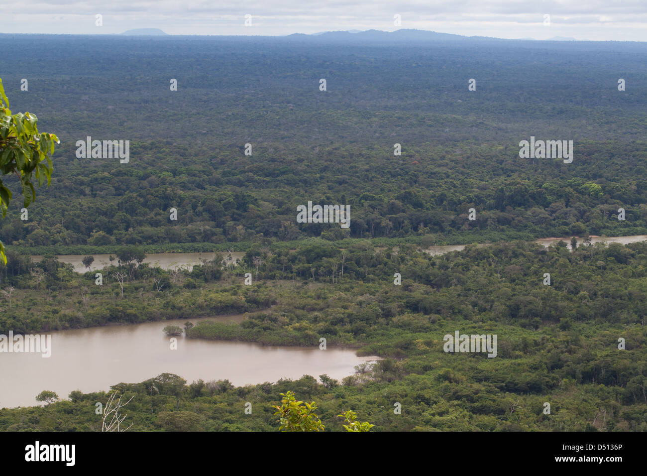 Rupununi River and oxbow lake, foreground. From Awarmie Mountain with a vertical drop of 200m view across swathes rainforest. Stock Photo