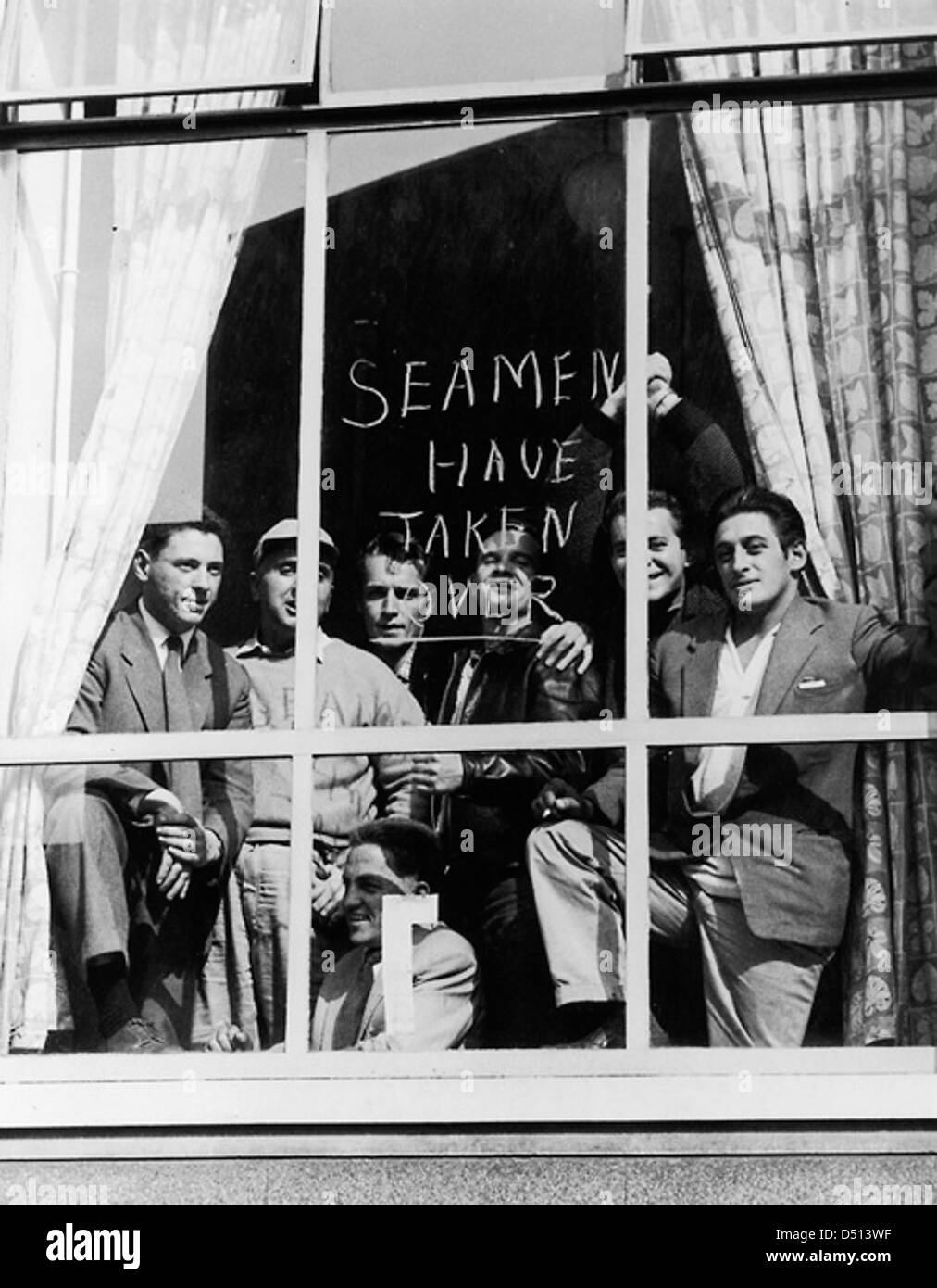 Striking Seamen, loyal to the National Seaman's Reform Movement, barricaded into the National Union of Seamen Office in East India Dock Road, Poplar Stock Photo