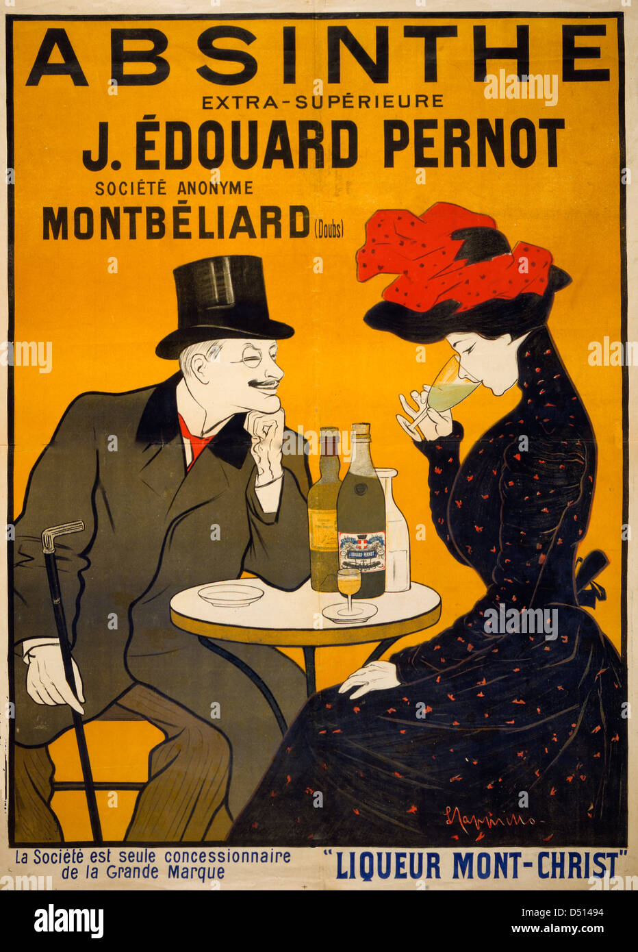 Absinthe extra-supérieure J. Édouard Pernot. Société Anonyme Montbéliard (Doubs) Liqueur Mont-Christ  Poster showing a man and woman at a cafe, he smiles and watches as she tastes his drink, circa 1905 Stock Photo