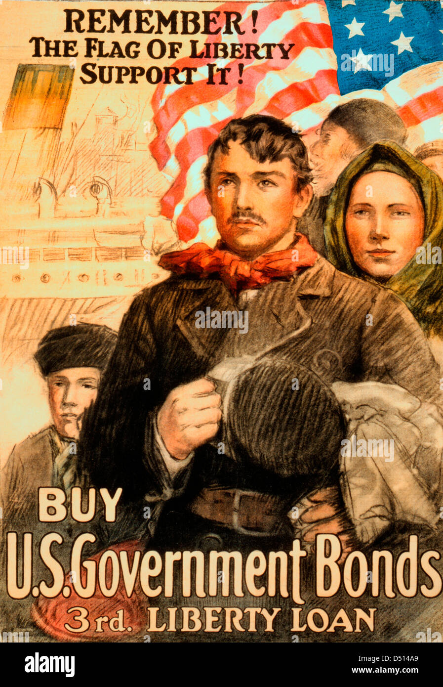 Remember! The flag of liberty--Support it! Buy U.S. government bonds, 3rd Liberty Loan / Poster showing immigrants before an American flag. Stock Photo
