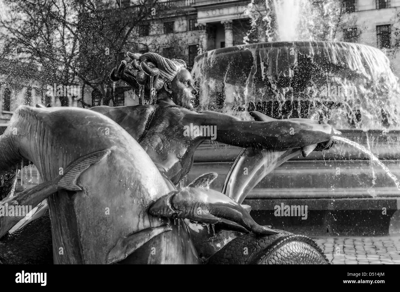 Mermaid water Fountains in Trafalgar Square, Central London Stock Photo