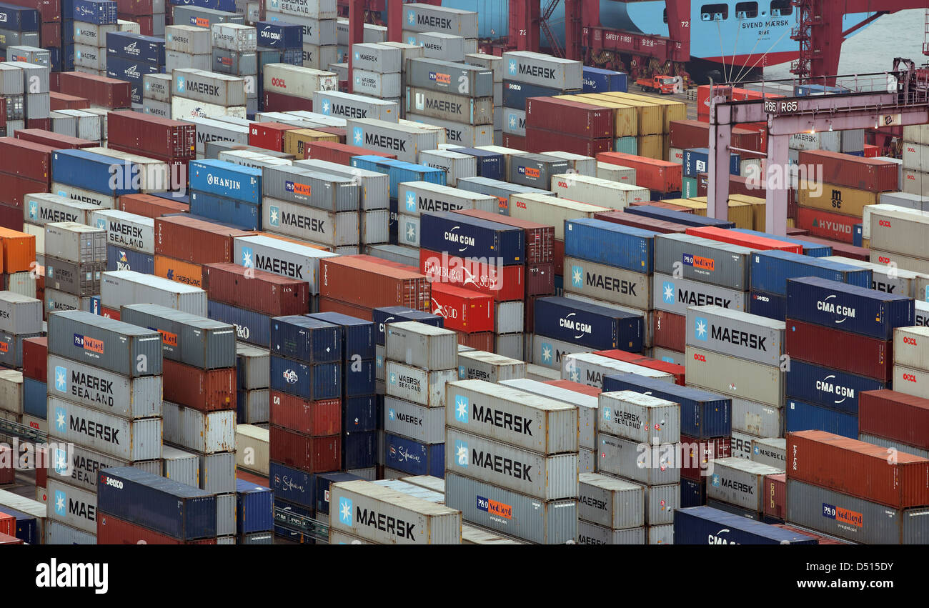 Hong Kong, China, stacked containers in Hong Kong International Terminal, Container Port Stock Photo