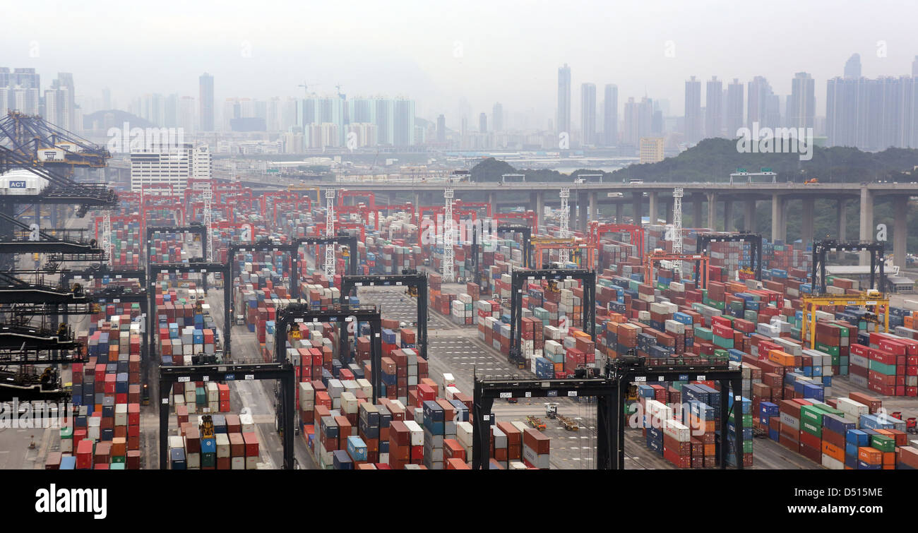 Hong Kong, China, stacked containers in Hong Kong International Terminal, Container Port Stock Photo