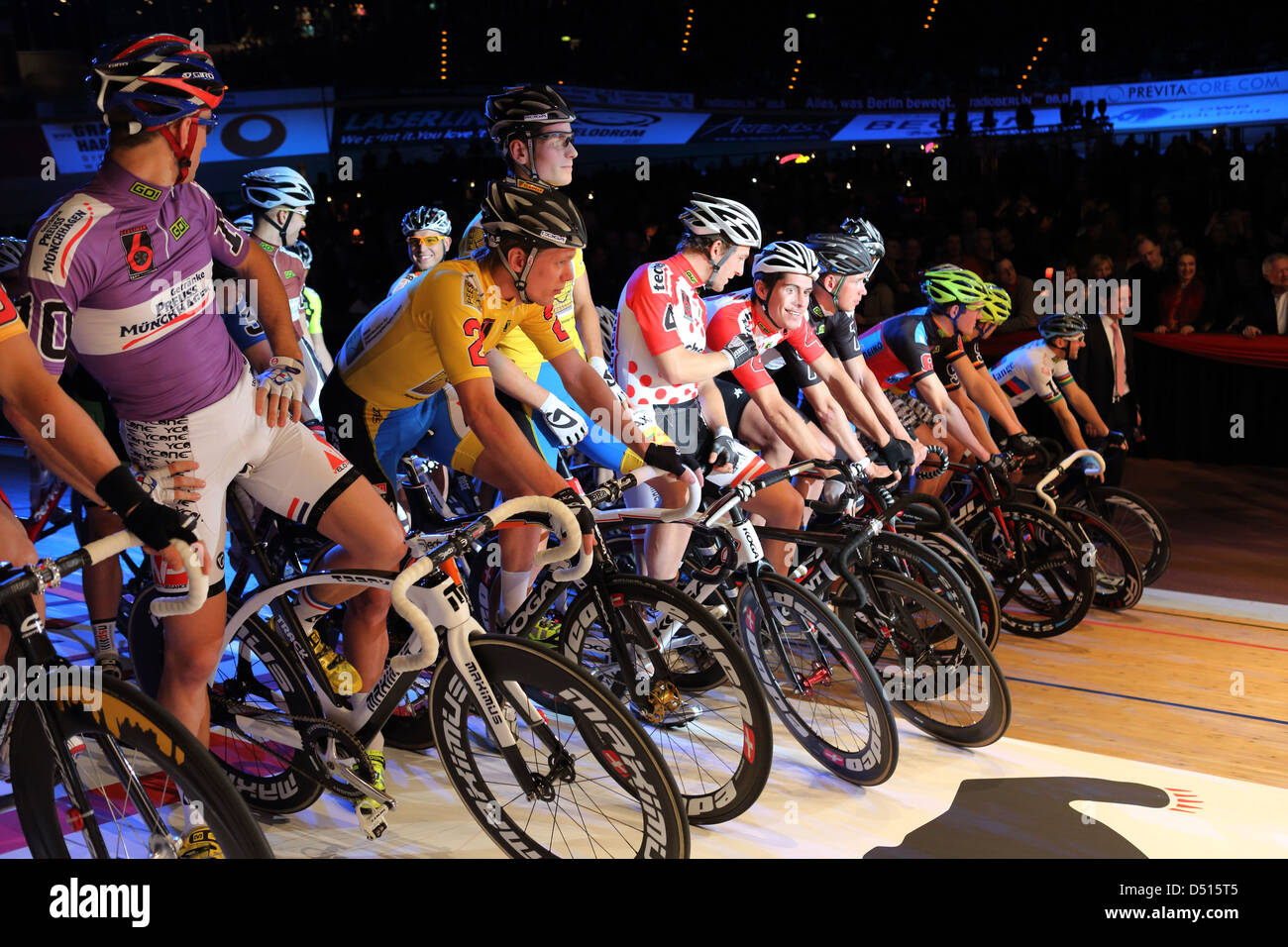 Berlin, Germany, cyclists at the starting grid for the six-day race in the velodrome Stock Photo