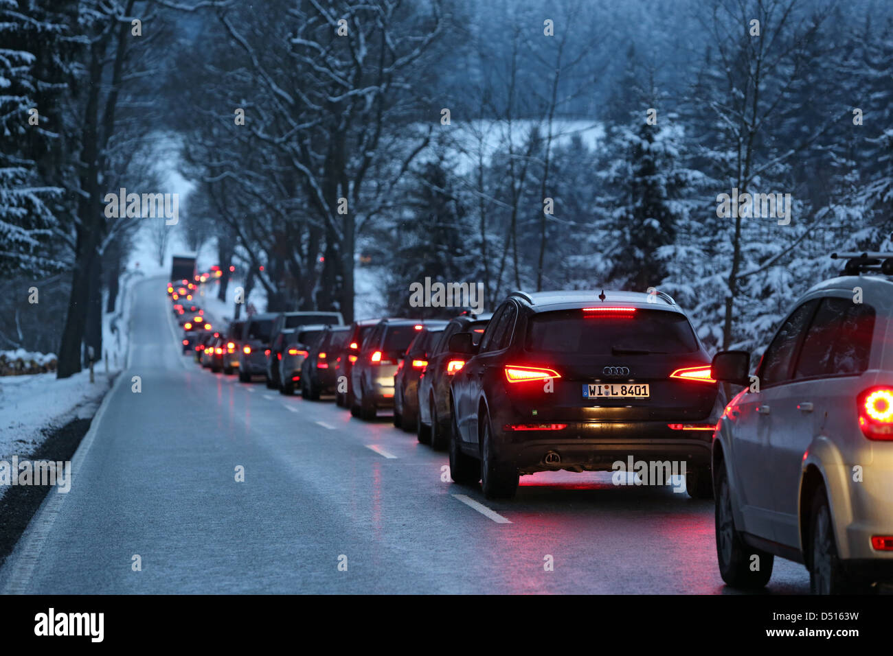 Schleiz, Germany, a traffic jam on a highway at dusk in winter Stock Photo