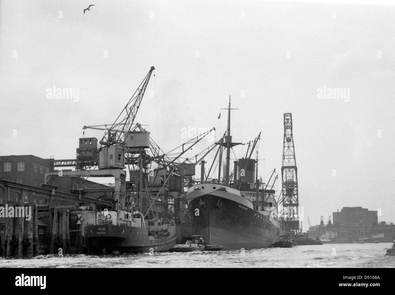 Hamburg, Germany, cargo ship at a pier with loading cranes in port Stock Photo