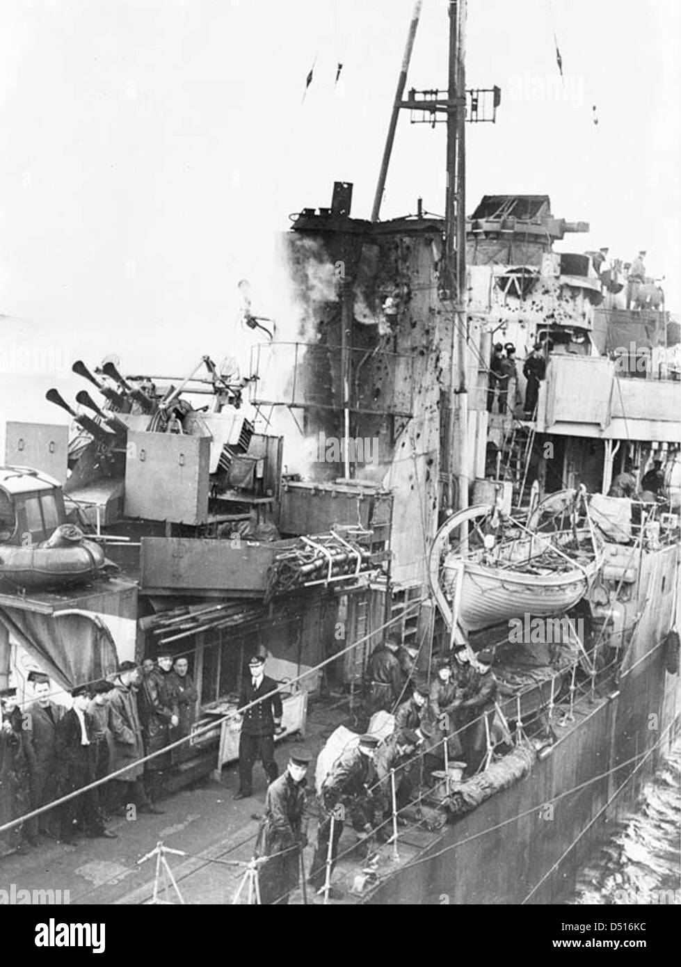 The funnel and bridge area of the destroyer HMS Onslow Stock Photo