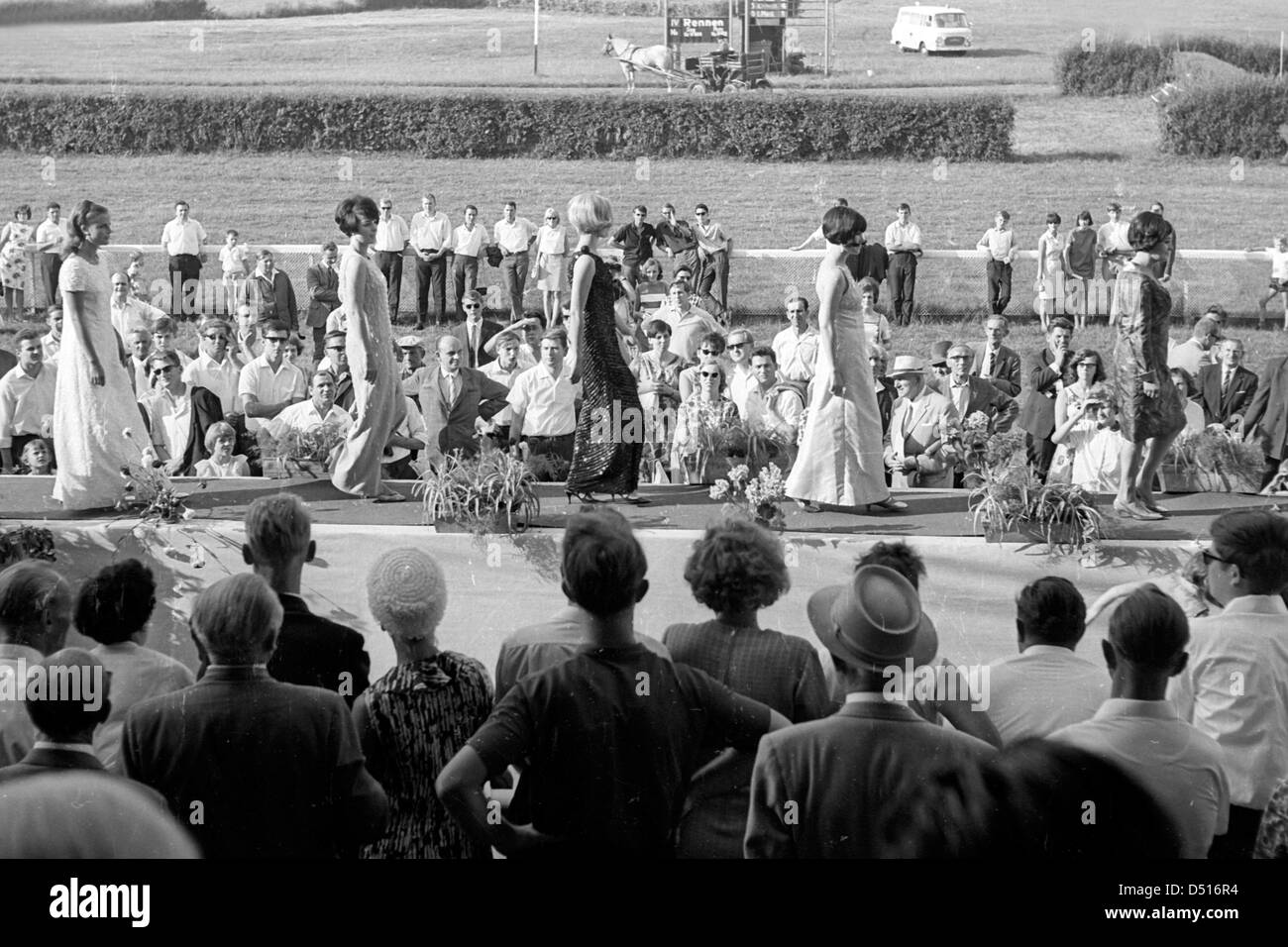 Magdeburg, East Germany, models show the race day fashion on the catwalk the latest collection Stock Photo