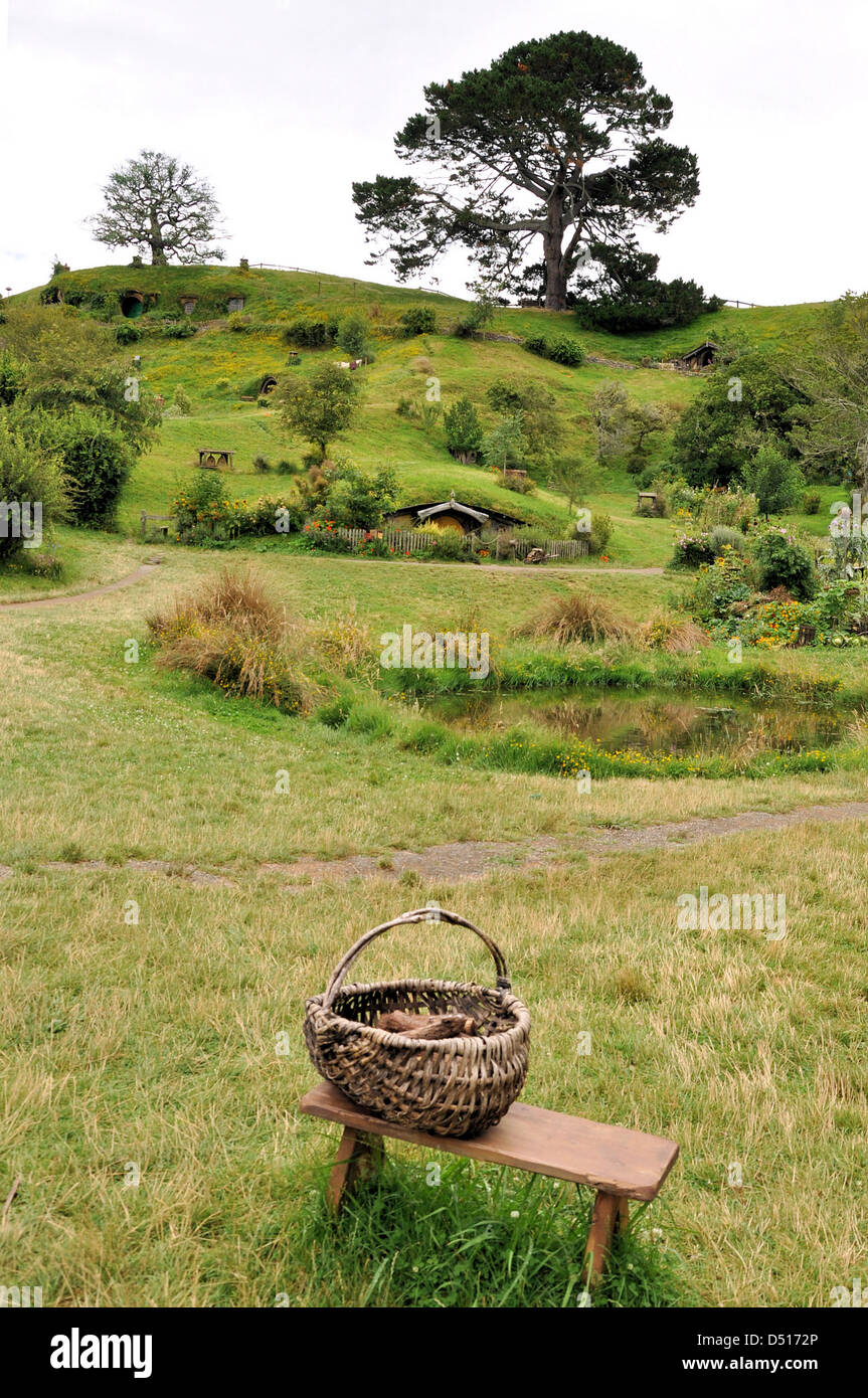 Hobbiton Movie Set - Location for the Lord of the Rings and The Hobbit films. The Shire rolling hills with Hobbit Hole doors Stock Photo