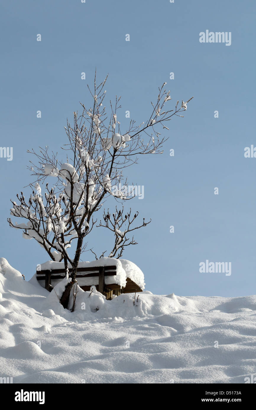 Afritz am See, Austria, snowy landscape with added schneiter bench in Gegendtal Stock Photo
