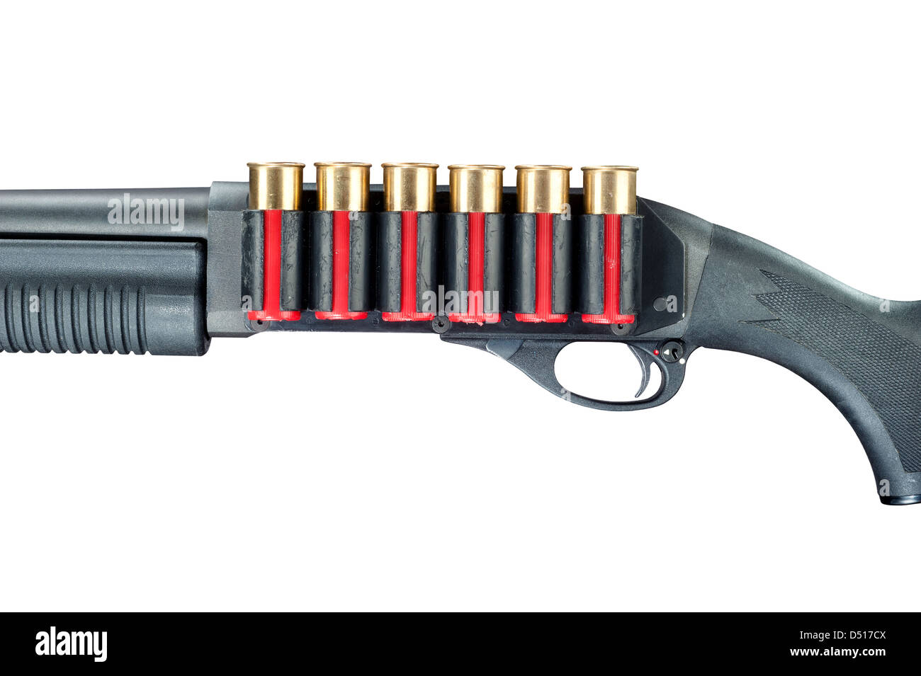 A shotgun with red shell cartridge ammo isolated against a white background. Stock Photo