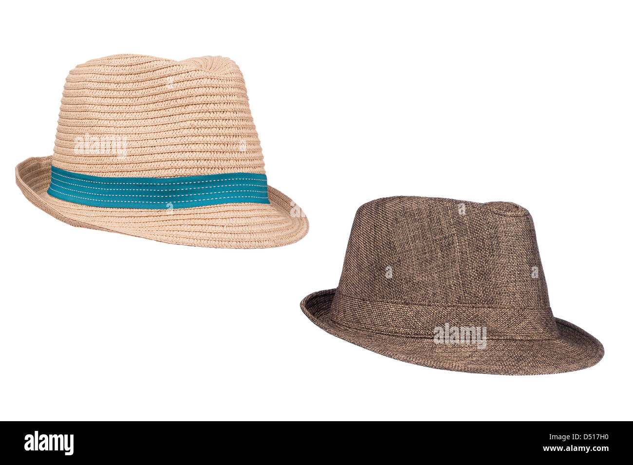Two isolated fedora sun hats for use as retro revival clothing objects or any other head wear inferences. Stock Photo