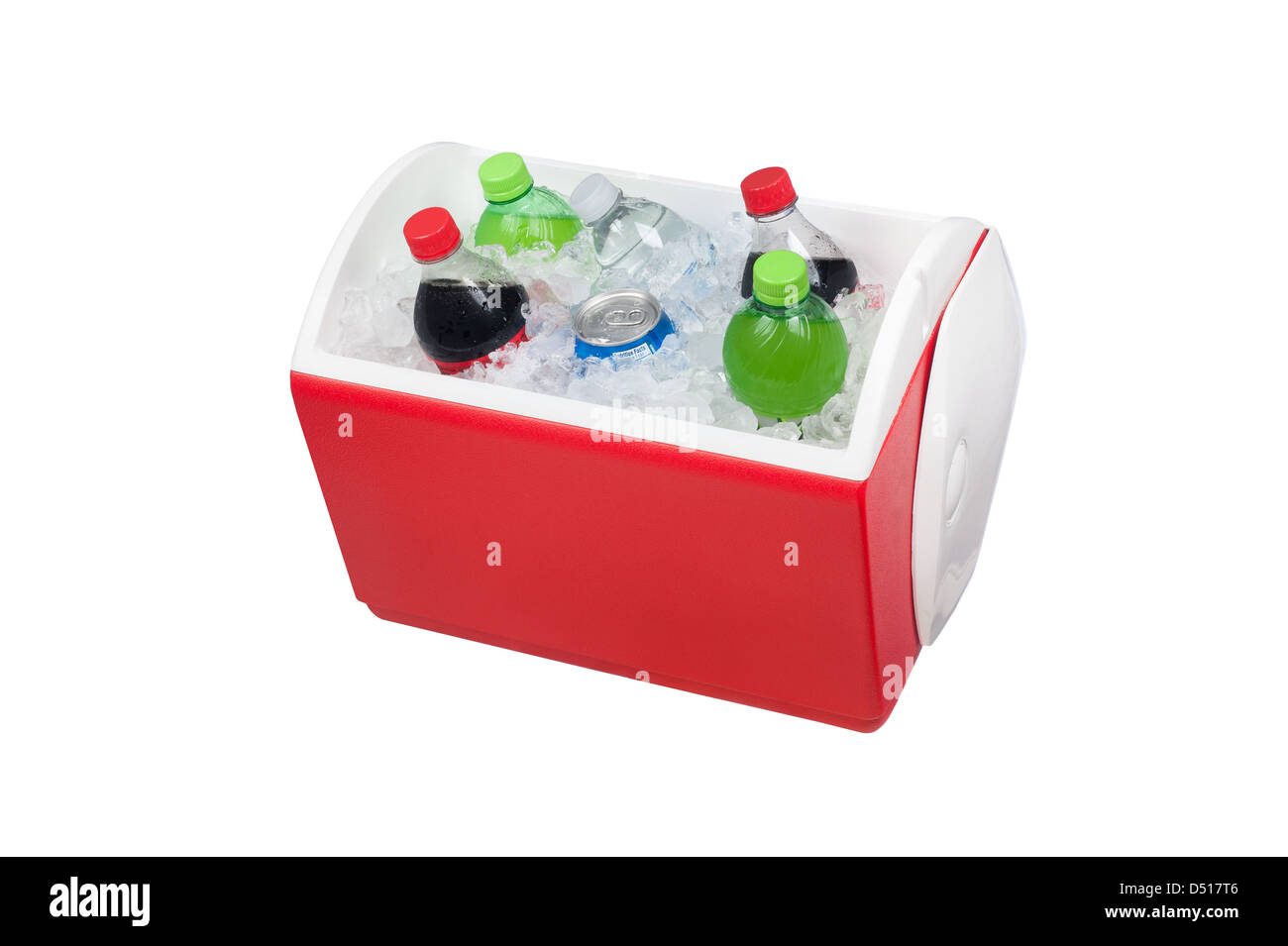 An isolated ice chest cooler filled with ice and soft drinks such as water and soda. Stock Photo