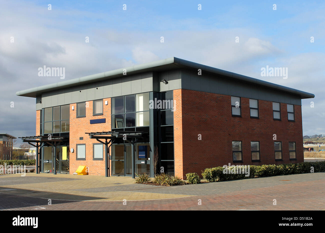 Exterior of vacant office building on modern business park, Scarborough, England. Stock Photo