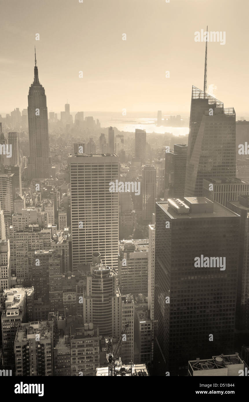 New York City skyline black and white in midtown Manhattan aerial ...