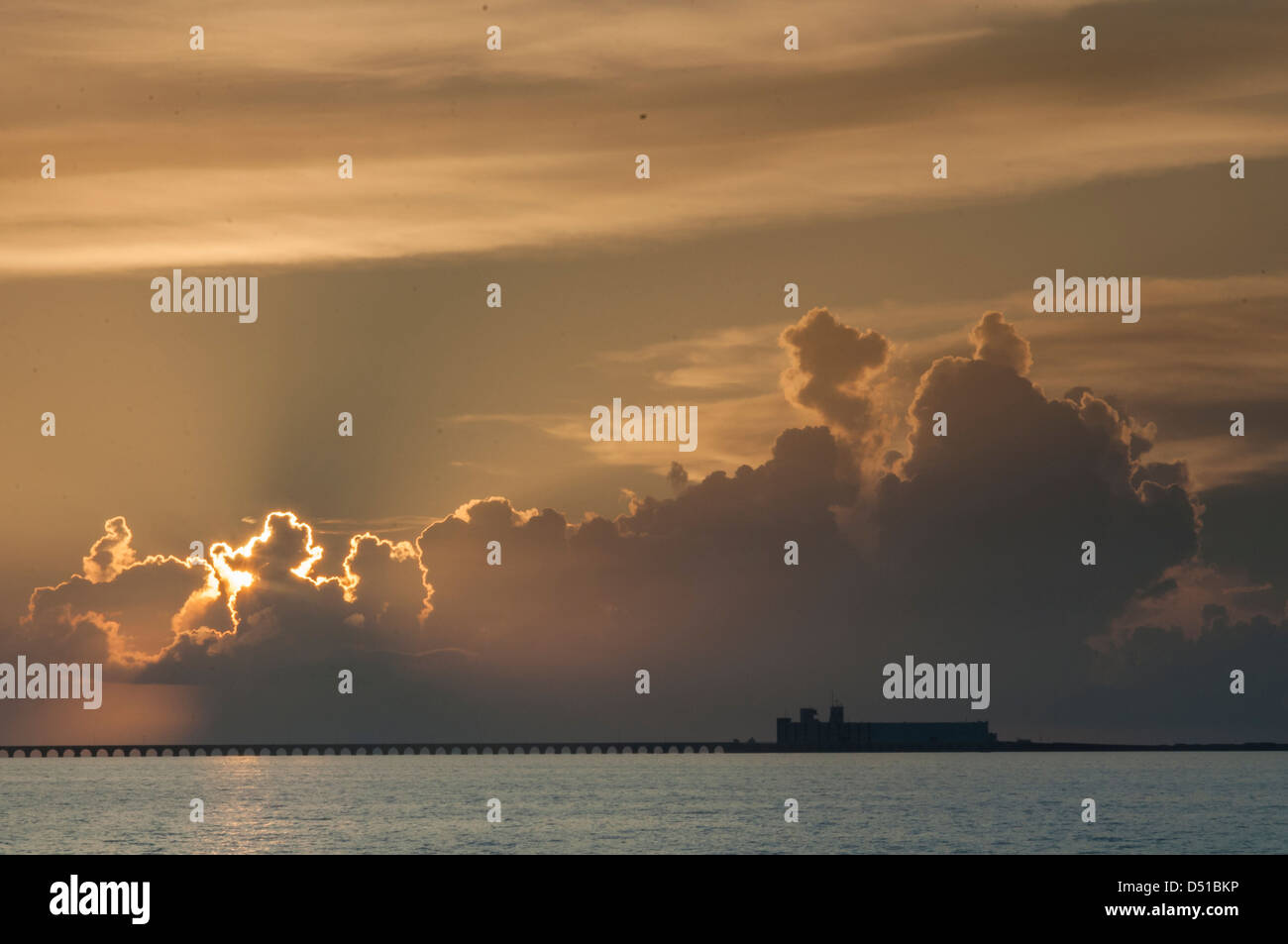 A view of the pier in Progreso, Yucatan during the sunset. Stock Photo