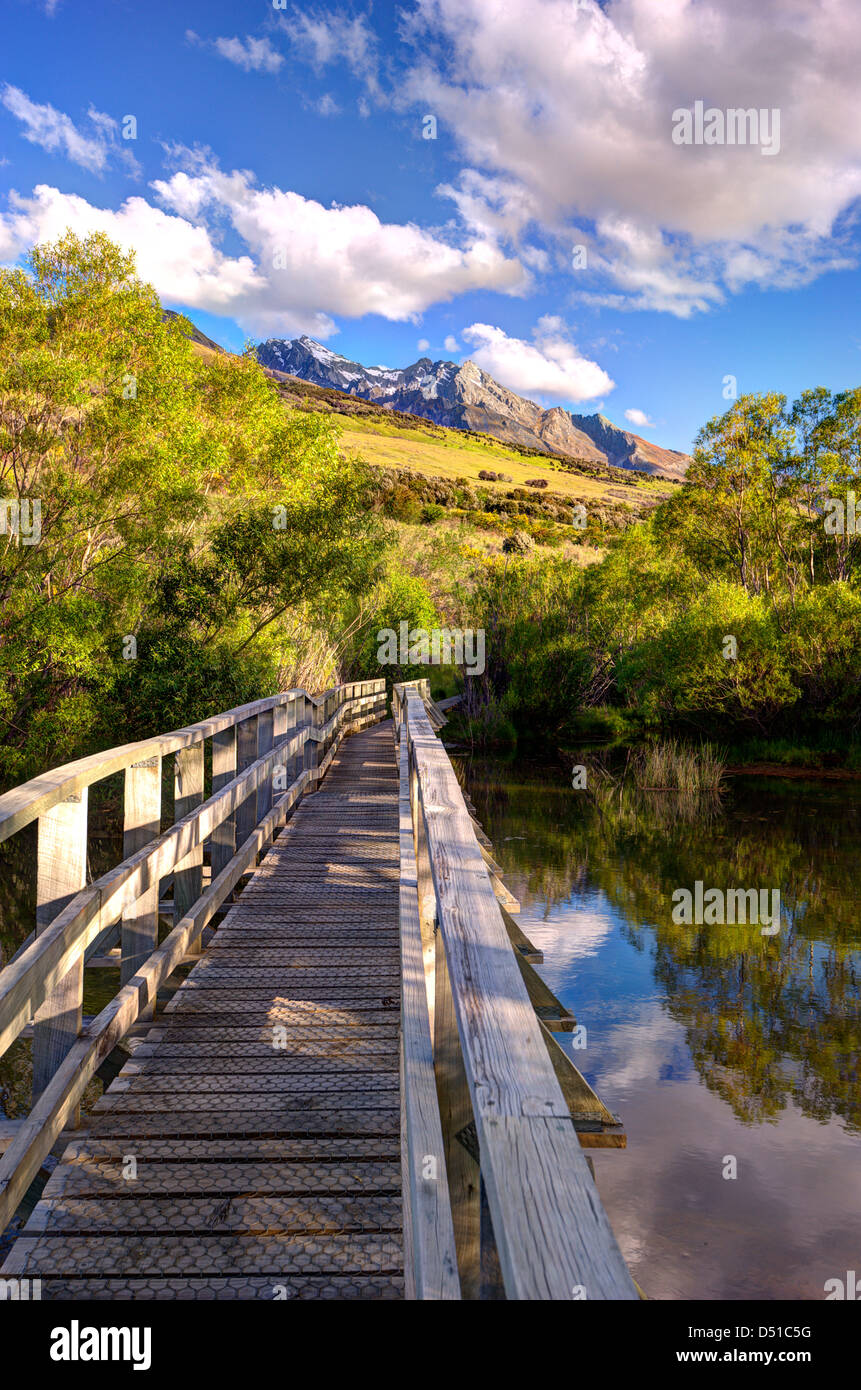 The view of the mountains from boardwalk at Glenorchy Lagoon Walkway, Glenorchy, New Zealand Stock Photo