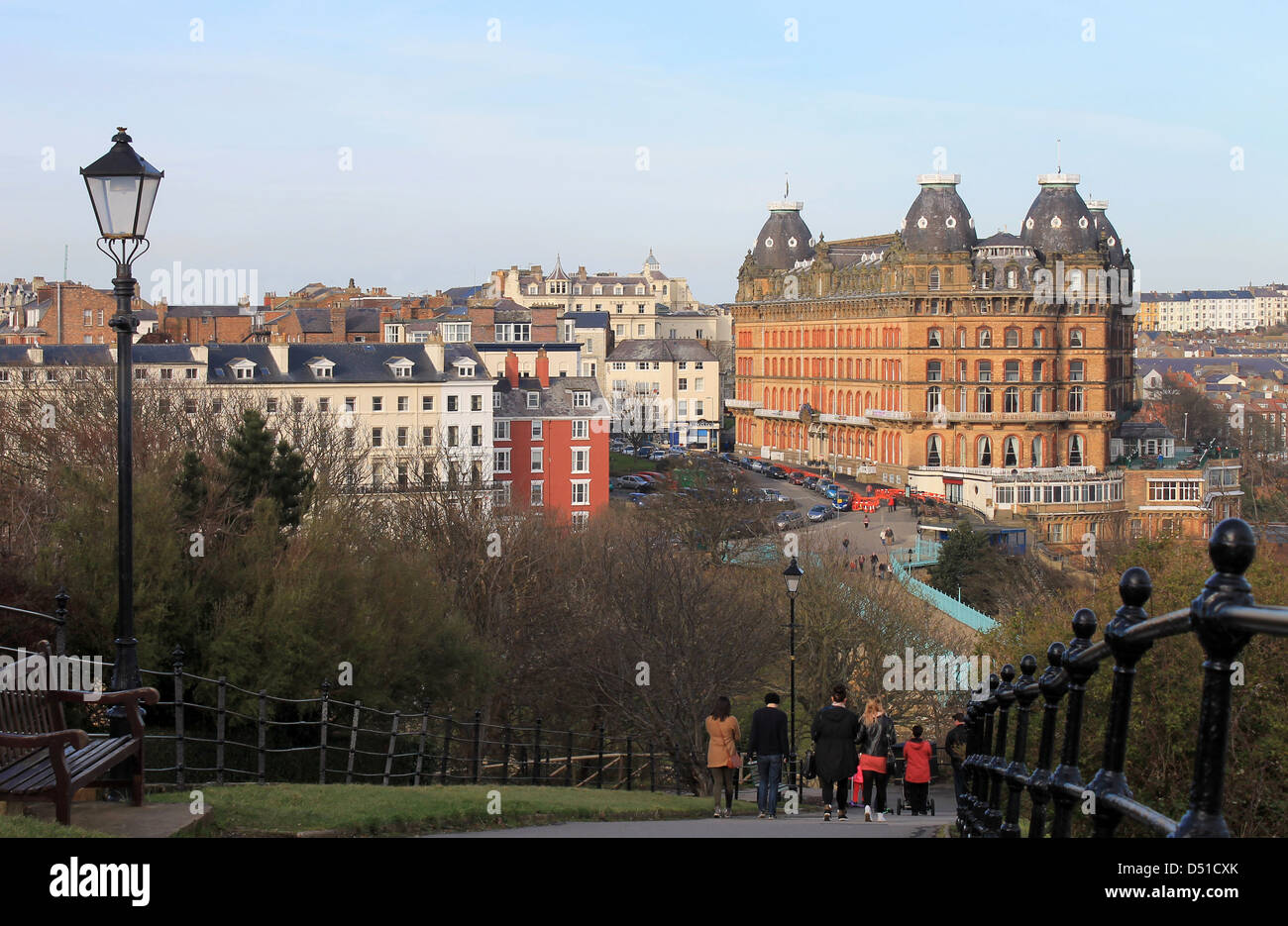 Scarborough Town, England, February 17, 2013: Photograph of old town and Grand Hotel viewed from South Cliff Esplanade, Stock Photo