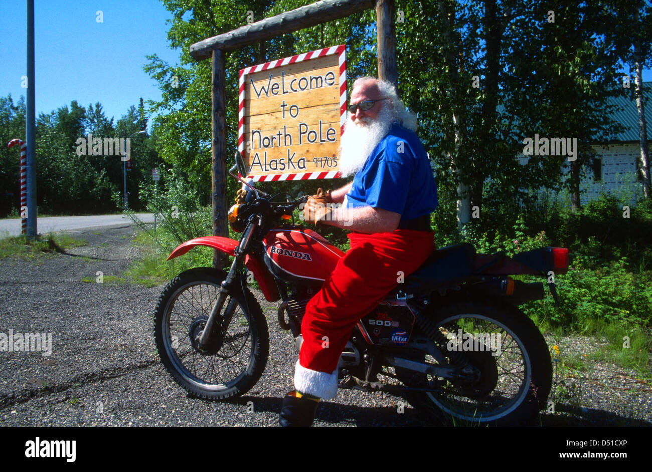 'Santa' on a motorcycle at North Pole, Alaska, USA Stock Photo