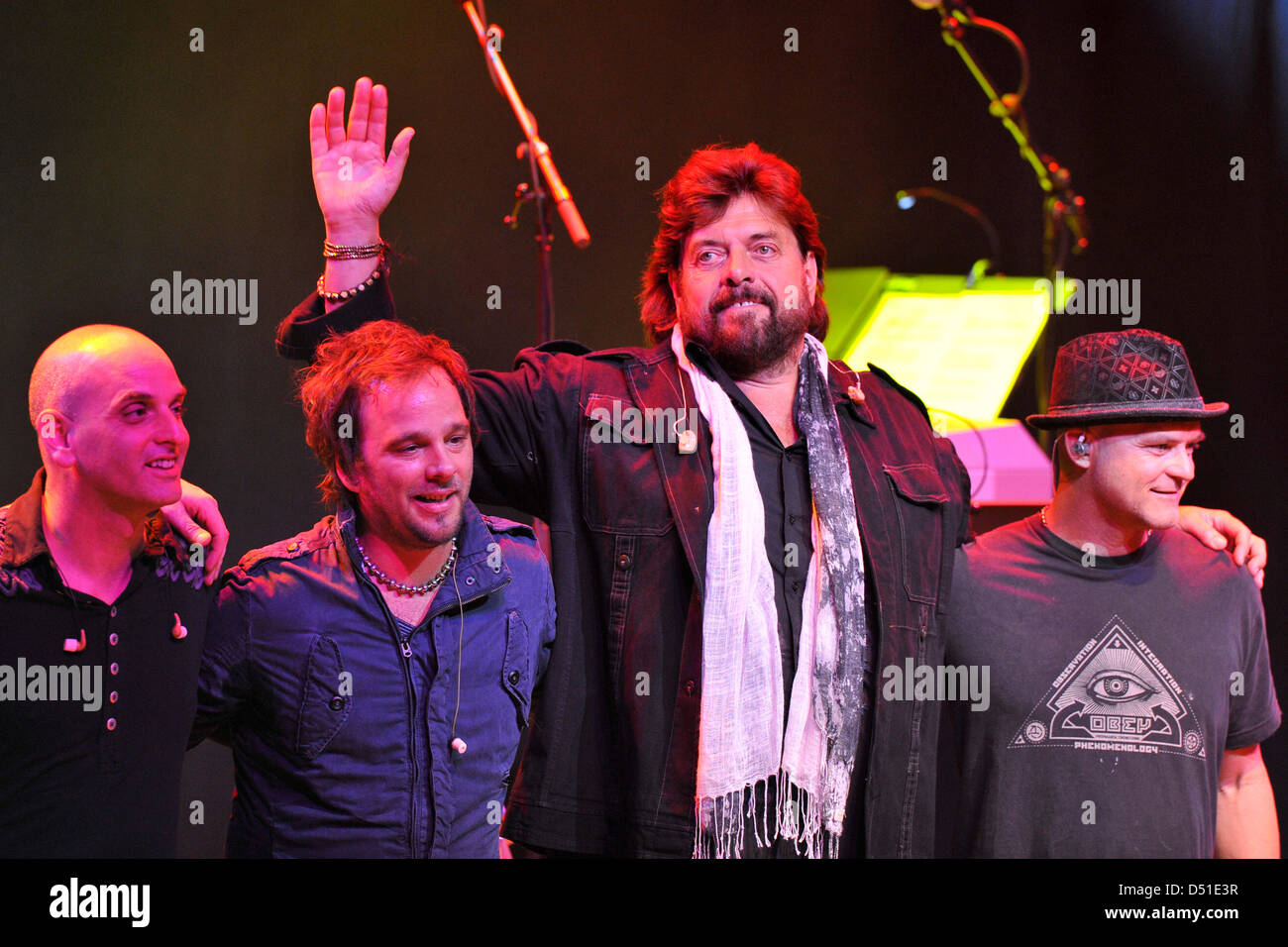 Musicians (L-R) Guy Erez, P.J. Olsson, Alan Parsons and Todd Cooper, pictured during a concert of the Alan Parsons Live Project in Eindhoven, The Netherlands, 01 December 2010.  Foto: Revierfoto Stock Photo