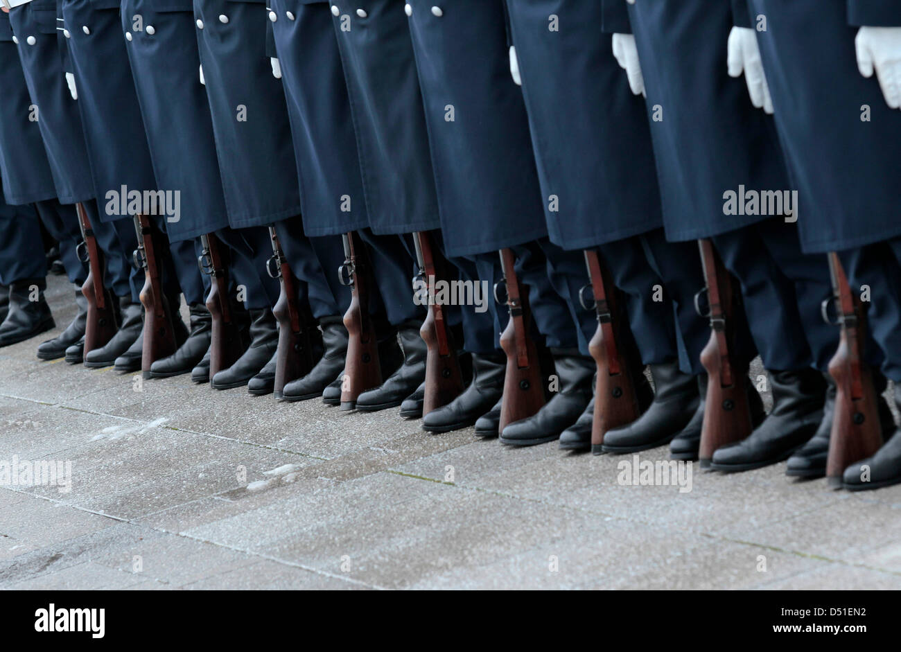 Soldiers stand during the reception ceremony for the Hungarian Defence Minister Csaba Hende in Berlin, Germany, 7 December 2010. The meeting will focus on the current state of military policies and bilateral topics. Photo: Marcel Mettelsiefen Stock Photo