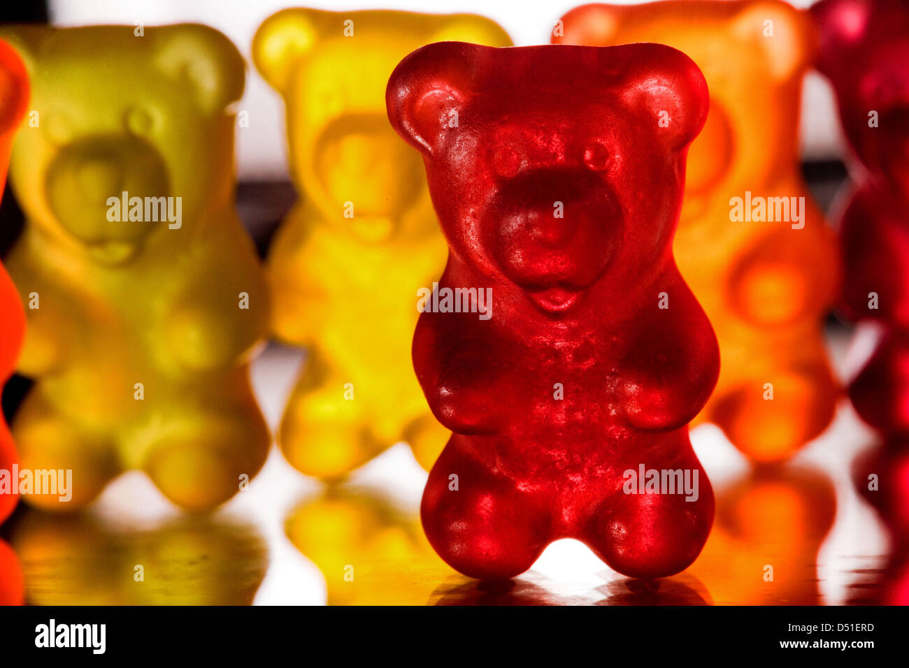 A file picture dated 25 April 2008 shows gummi bears at the -gummi Bear Factory in Boizenburg, Germany. Haribo has become a cult brand. Generations have grown up with their colourful gummi bears. The family enterprise from Bonn, Germany has managed to be timelessly up-to-date over decades. Hundreds of millions of gummi bears are produced daily. Haribo will celebrate their 90th anni Stock Photo