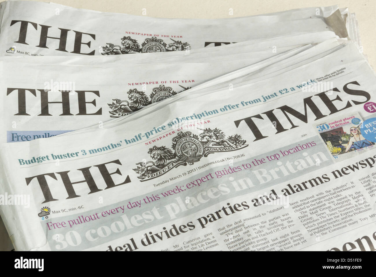 Three issues of The Times showing part of the front page with emphasis on masthead. Stock Photo
