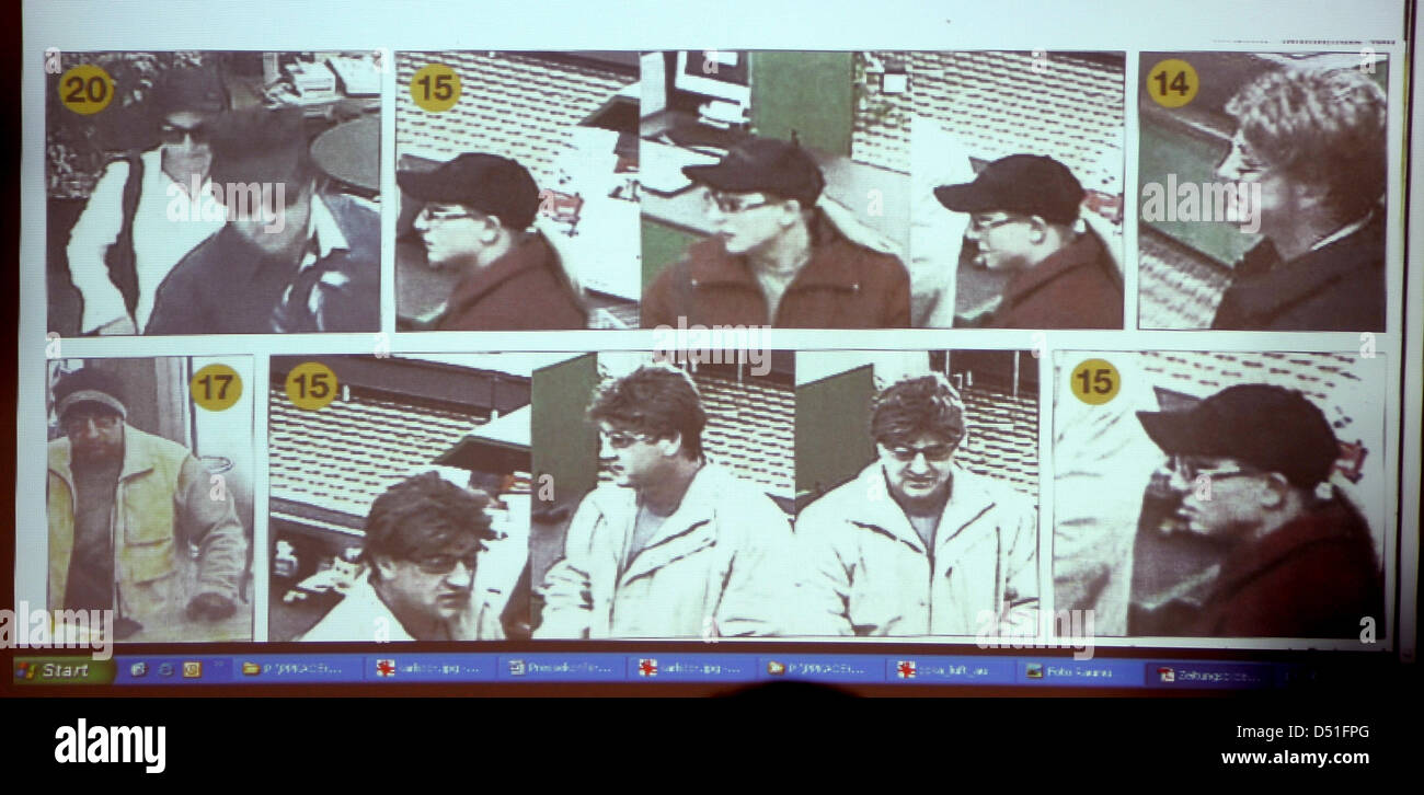 A projection shows screenshots with the two bank robbers from the security cam video during a press conference in Karlsruhe, Germany, 10 December 2010. In the course of a bank hold-up on a highly frequented shopping street, the police shot the two bank robbers, a man and a woman, dead. A female police officer was severely injured during the operation. The two robbers are held to be Stock Photo