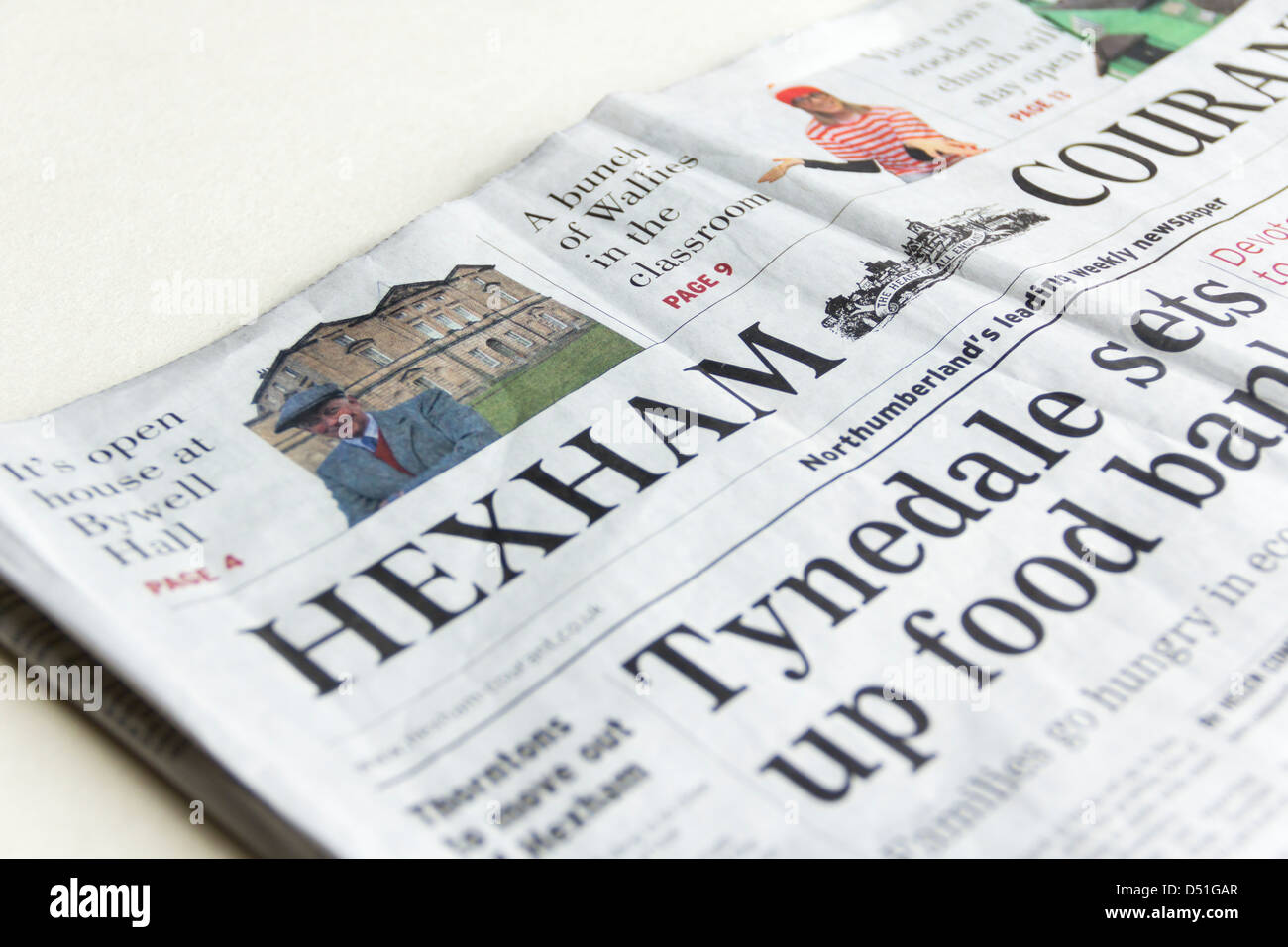 Upper Front page of  the Hexham Courant newspaper, weekly local/provincial newspaper  sold in Hexham, Tynedale, Northumberland Stock Photo