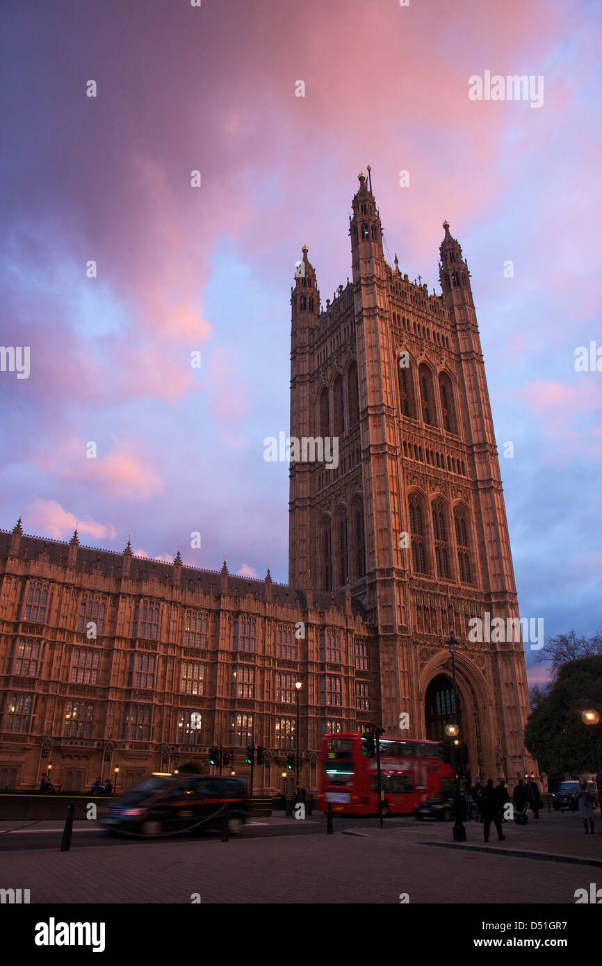 Victoria Tower at sunset, Houses of Parliament, Palace of Westminster, London, England, UK, GB Stock Photo