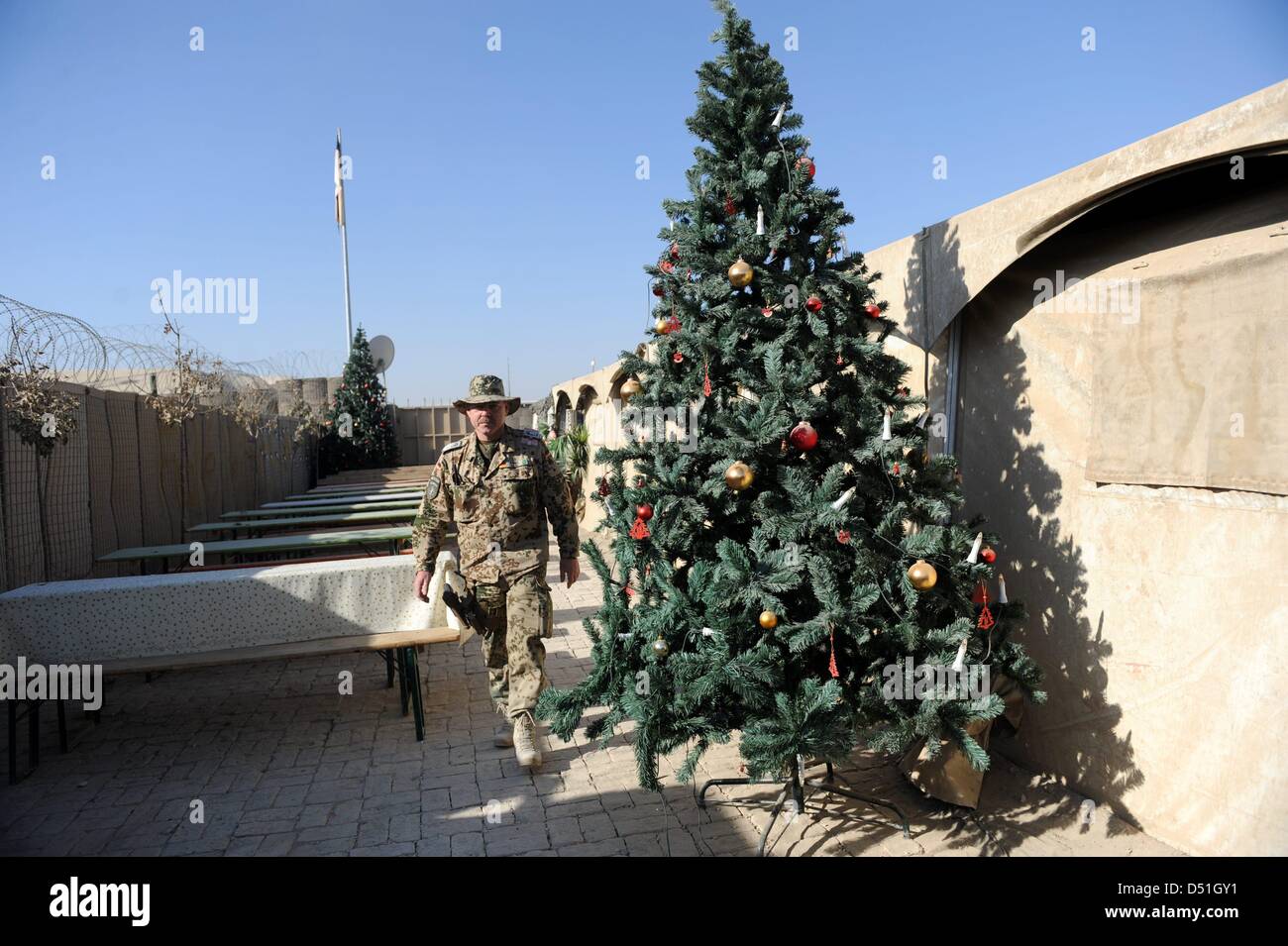 A christmas tree stands at the German Bundeswehr military camp in