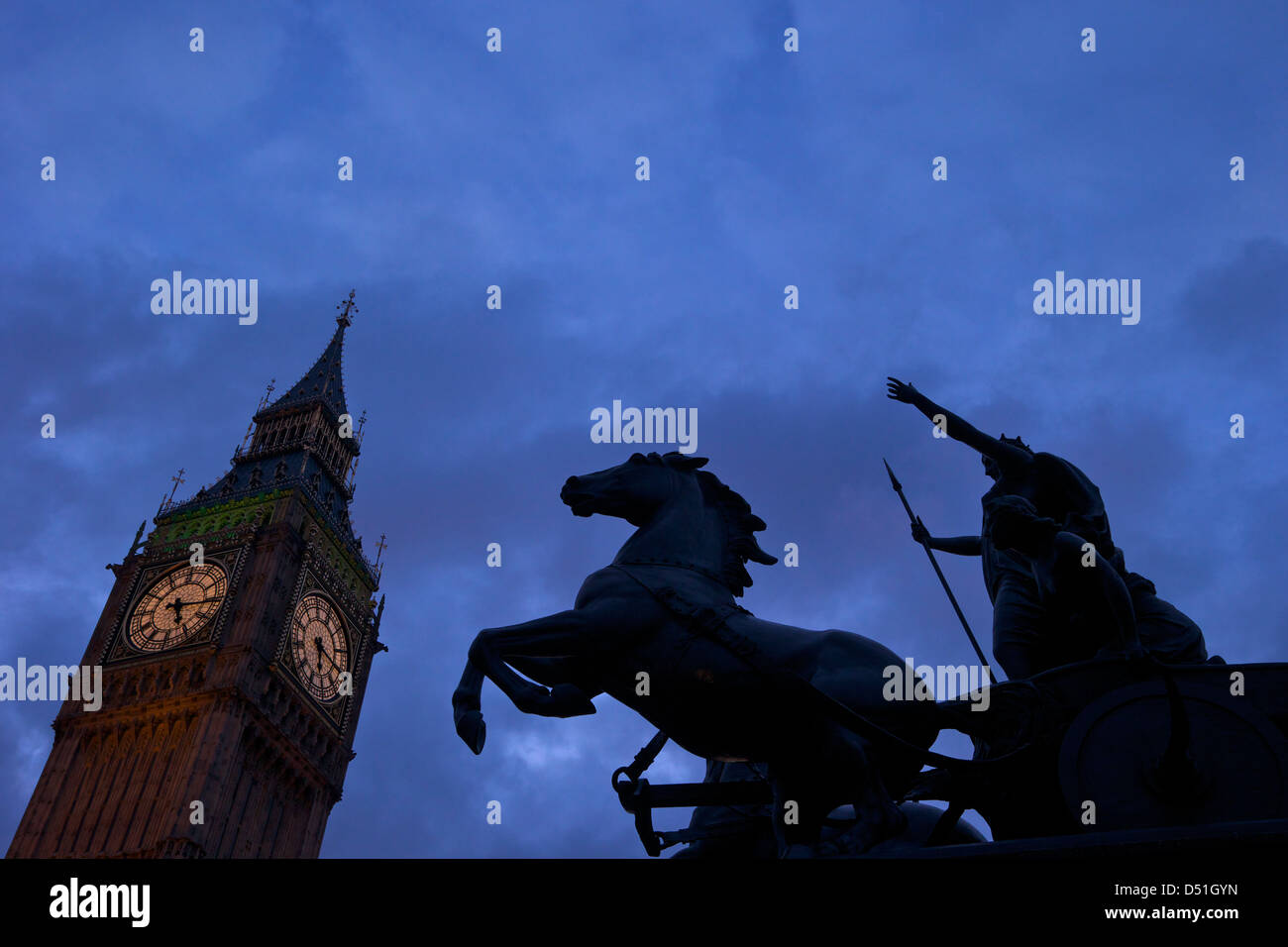 Horse and chariot statue of Queen Boudicca with Big Ben, Embankment, Westminster, London, England, UK, GB Stock Photo