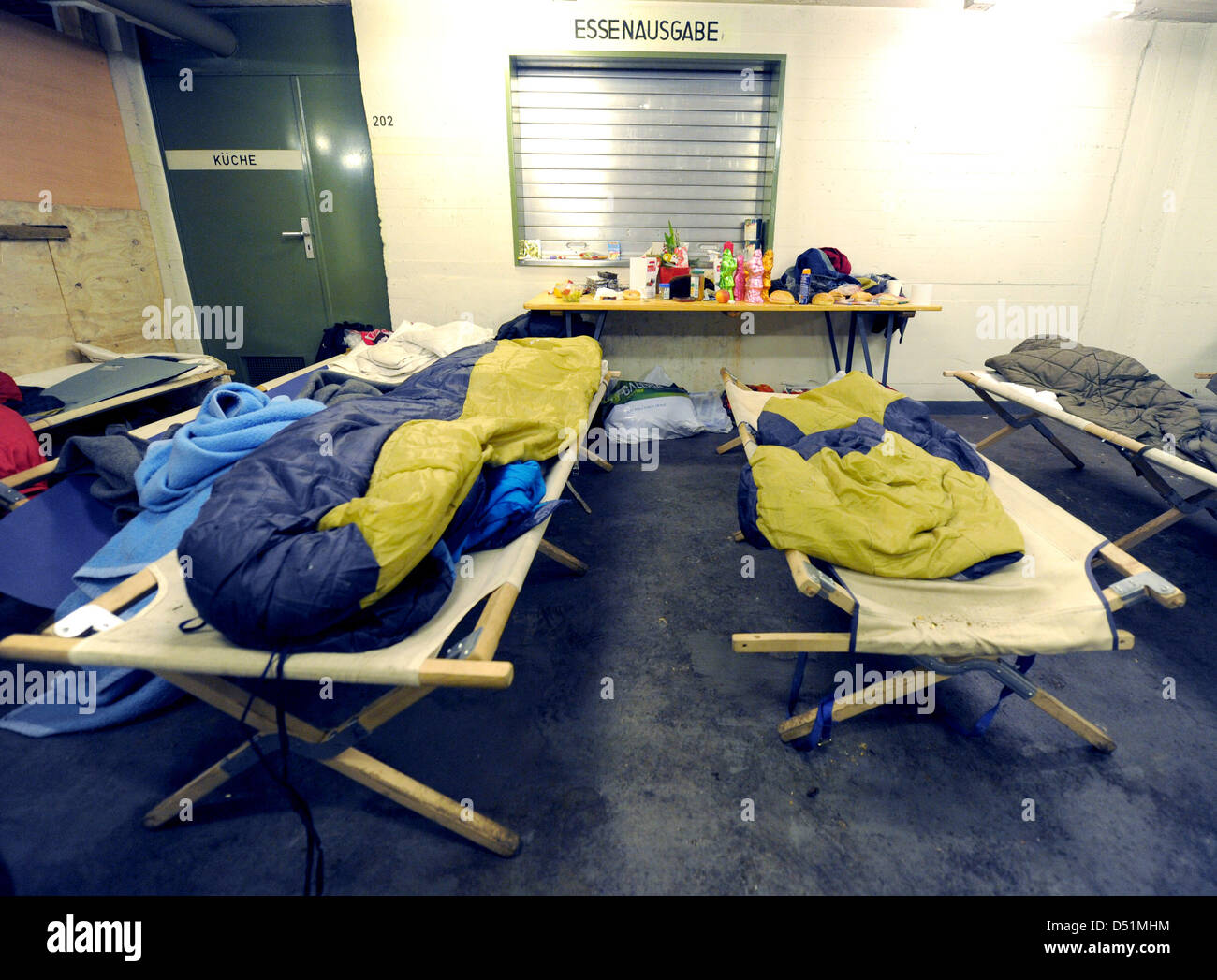 Beds stand in a bunker under the central station in which homeless can stay overnight in Hamburg, Germany, 28 December 2010. The next days are forecasted to be extremely cold which means a threat to life for homeless people. Photo: Angelika Warmuth Stock Photo
