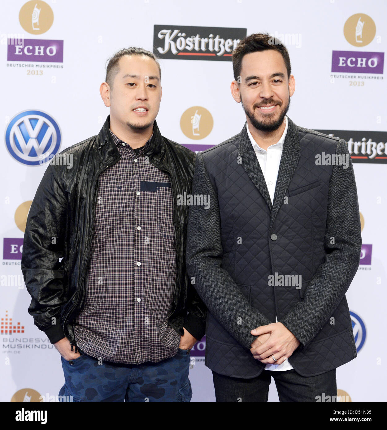 Joe Hahn (L) and Mike Shinoda members of US band Linkin Park arrive for the 2013 Echo Music Awards in Berlin, Germany, 21 March 2013. Photo: Jens Kalaene/dpa Stock Photo