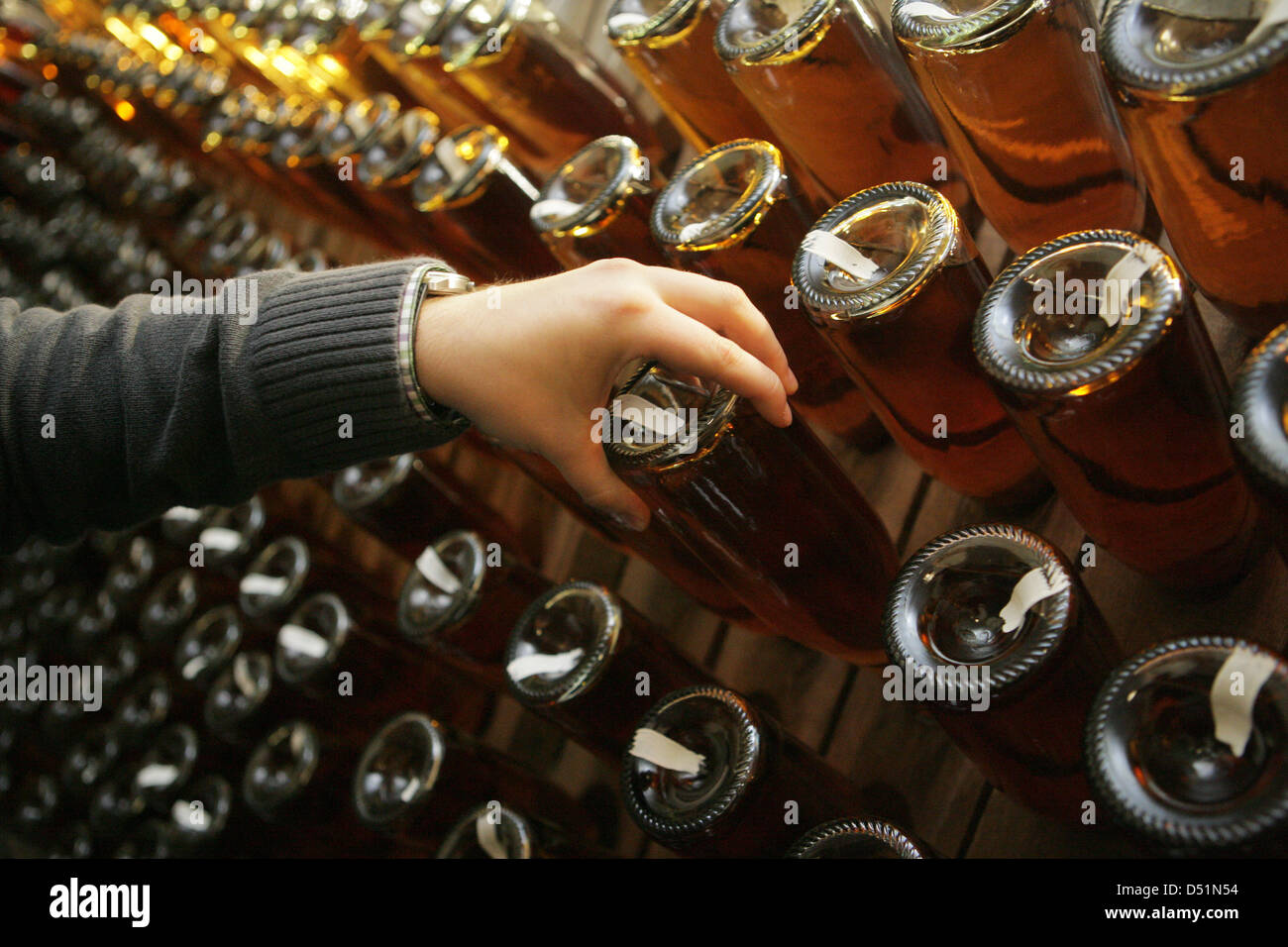 Winemaker Mark Barth shakes a sparkling wine bottle at his vine cellars