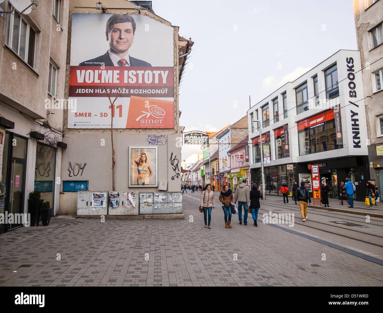 Obchodna street in spring evening with posters, Stock Photo