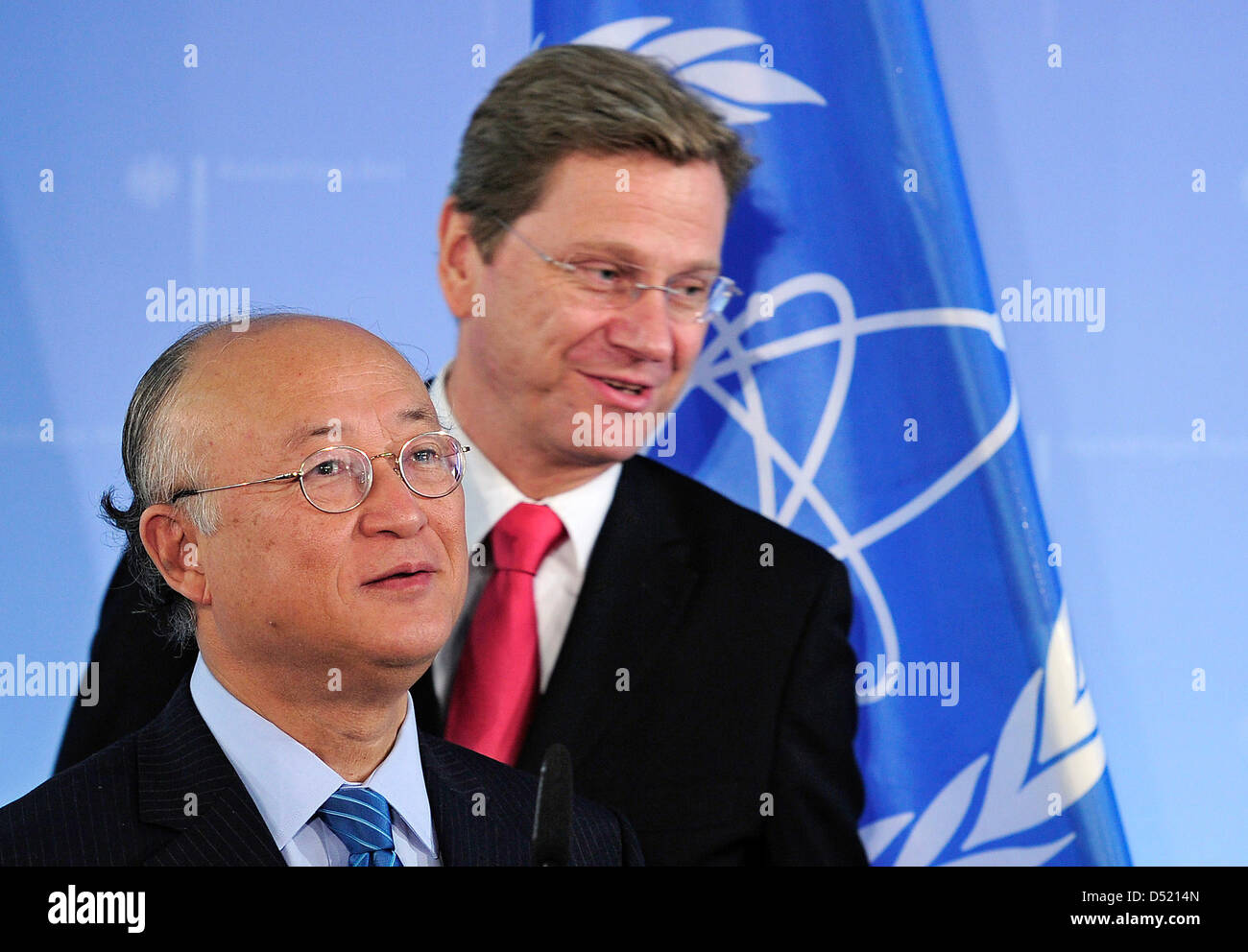 German Foreign Minister Guido Westerwelle (R) and International Atomic Energy Agency (IAEA) Director General Yukiya Amano (L) arrive for a press conference at the Foreign Office in Berlin, Germany, 08 October 2010. Both met for talks on the Iranian nuclear weapons programme. Photo: HANNIBAL Stock Photo