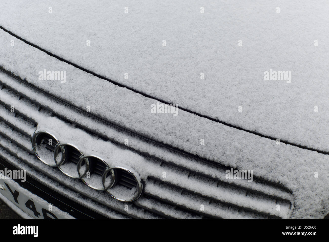 Snow on Audi car badge and bonnet, Brighton, UK Stock Photo