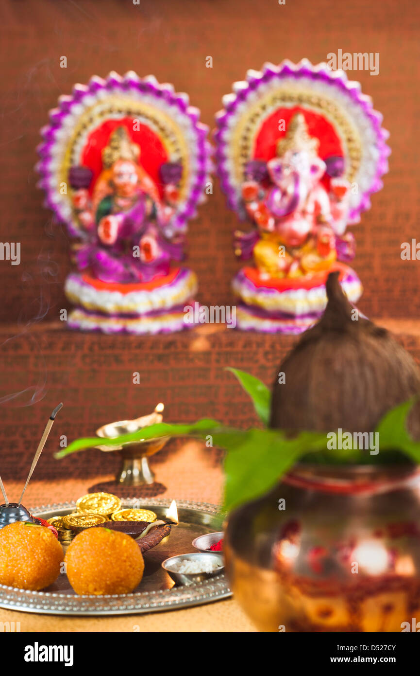 Preparation of Lakshmi pujan a Hindu ritual during Diwali festival
