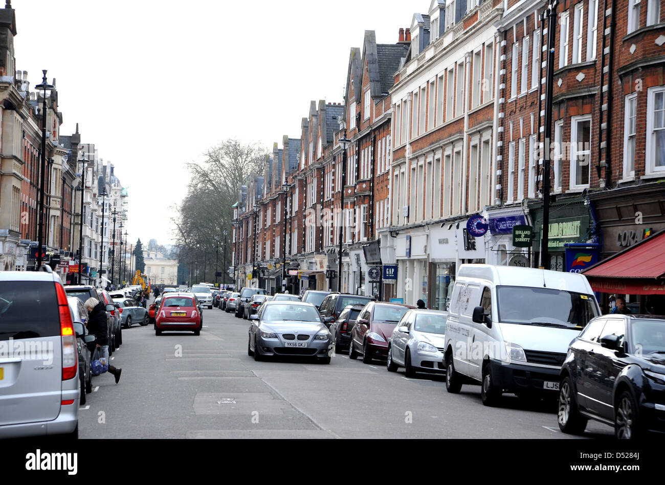 Exclusive and expensive shops flats and appartment buildings in St John's Wood High Street in London NW8 Stock Photo